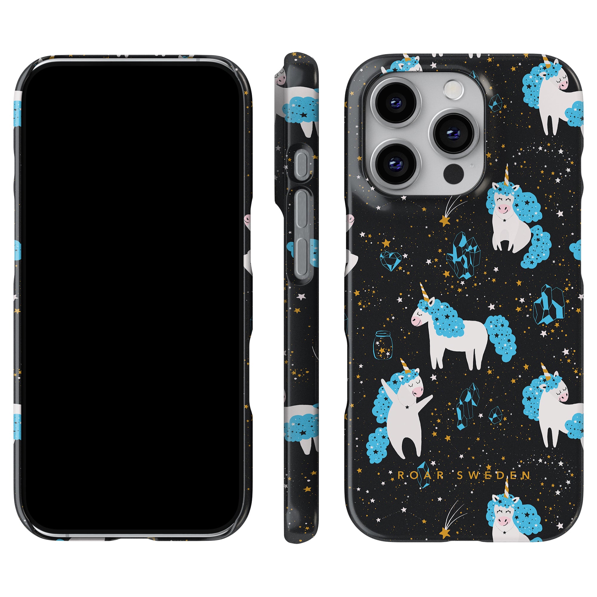 The Space Unicorns slim case features a sleek black design decorated with a whimsical pattern of unicorns and stars, ideal for anyone who loves a touch of magic. As part of the exclusive Kitty Collection, it combines style with protection.