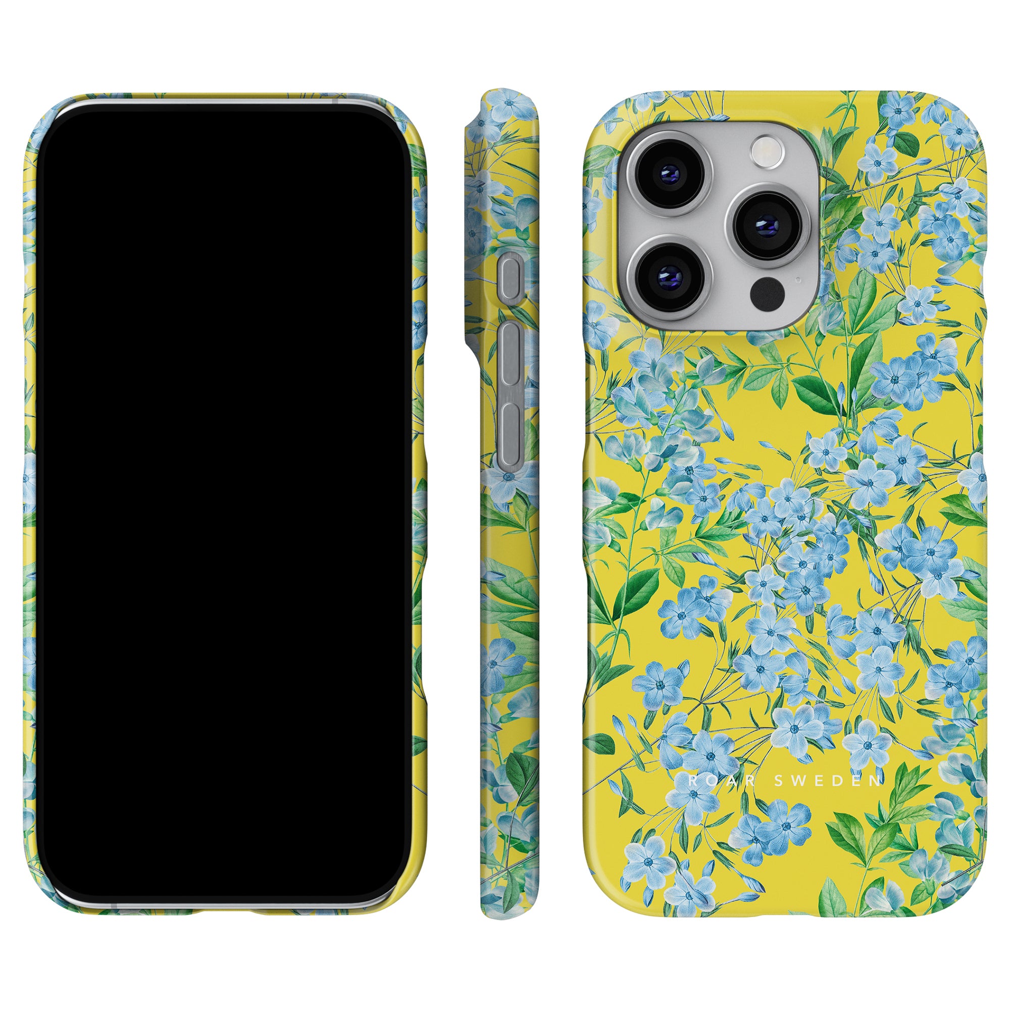 Spring Ditsy - Slim fodral för smartphones visar upp en förtjusande gul design prydd med blå blommor och gröna löv i ett charmigt vårligt mönster, illustrerat från framsidan, sidan och baksidan.