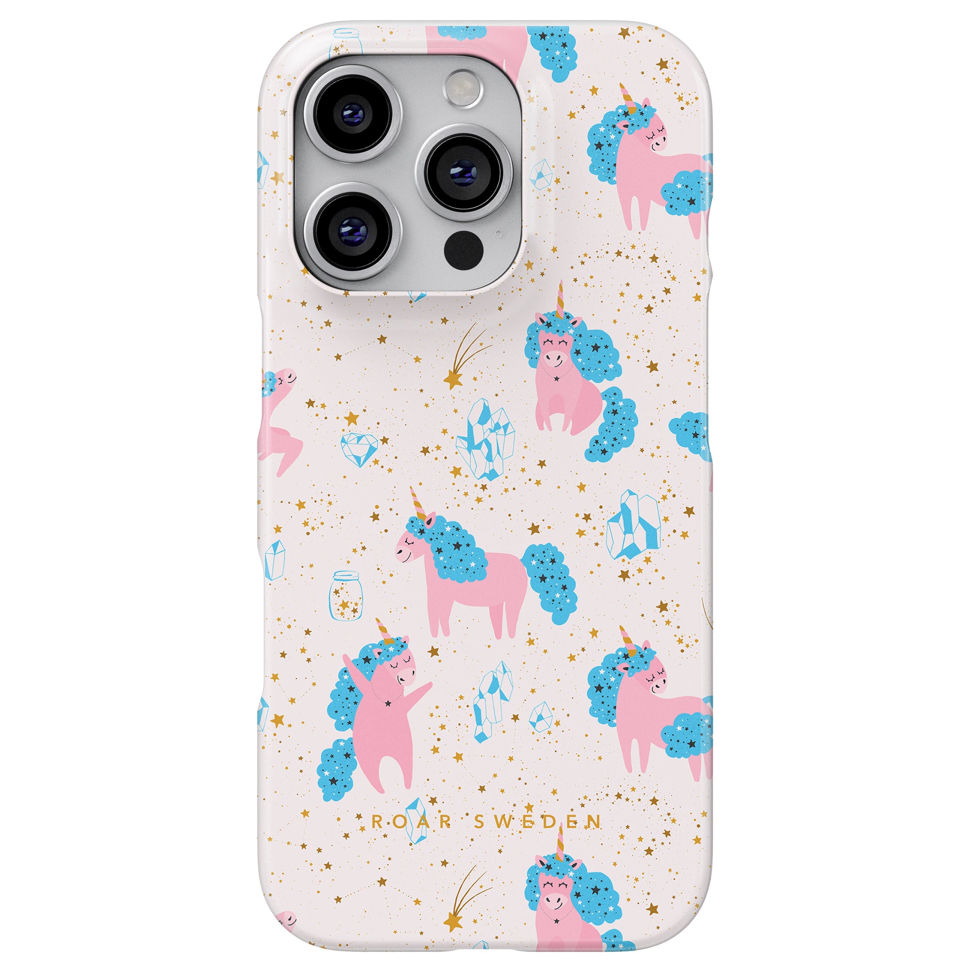 The Starfall Unicorns - Slim case showcases a design of pink unicorns with blue manes, gold stars, and blue crystals on a white background. Part of the Fantasy Collection, it prominently displays "ROAR SWEDEN" at the bottom.