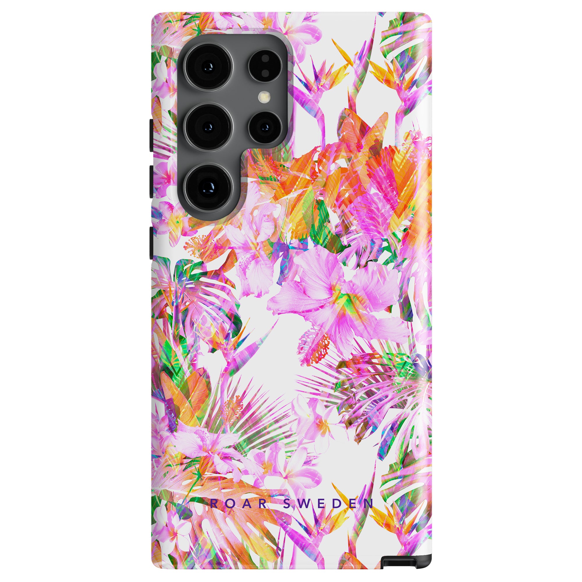 A smartphone with a colorful floral case featuring pink, orange, and green hues, designed by Roar Sweden. This **Summer Vibe - Tough case** offers camera cutouts at the top left corner and provides excellent skydd för din smartphone.