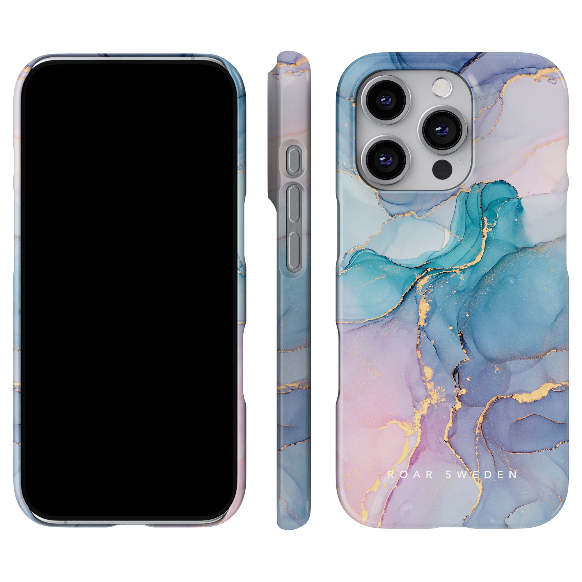 The Swirl - Slim case features a breathtaking marble design in shades of blue, pink, and gold. With three different perspectives—front with phone, side, and back—this chic creation from Roar Sweden offers sophisticated smartphone protection while enhancing your device's appearance.