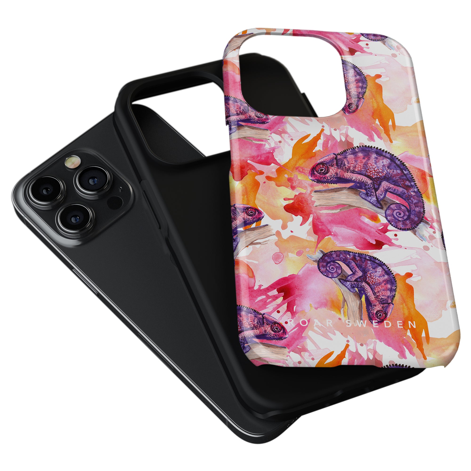 A smartphone with a black case next to a phone case with a colorful Chameleon - Tough Case design as mobilskydd.