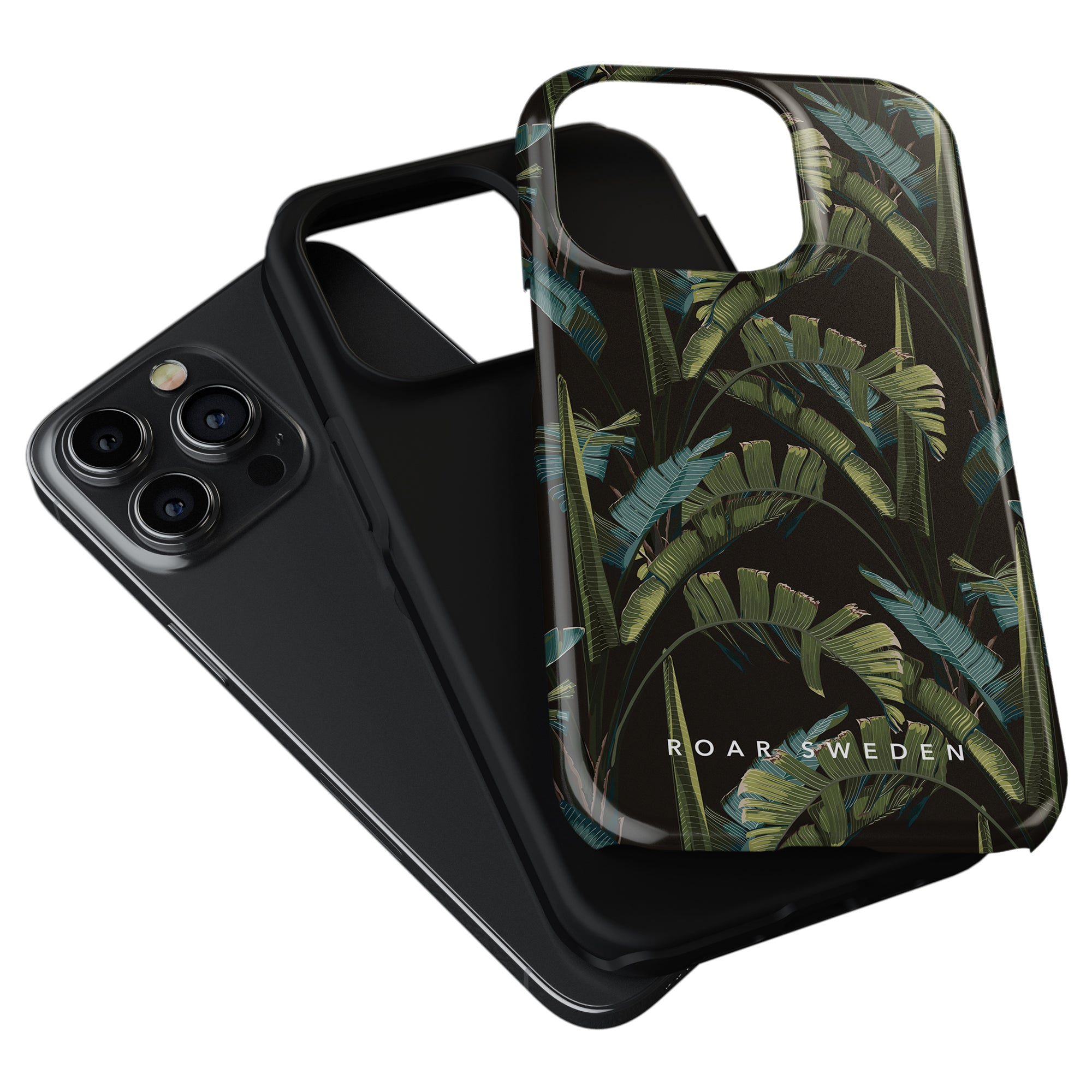 Black smartphone with a Mystic Jungle - Tough Case beside it.