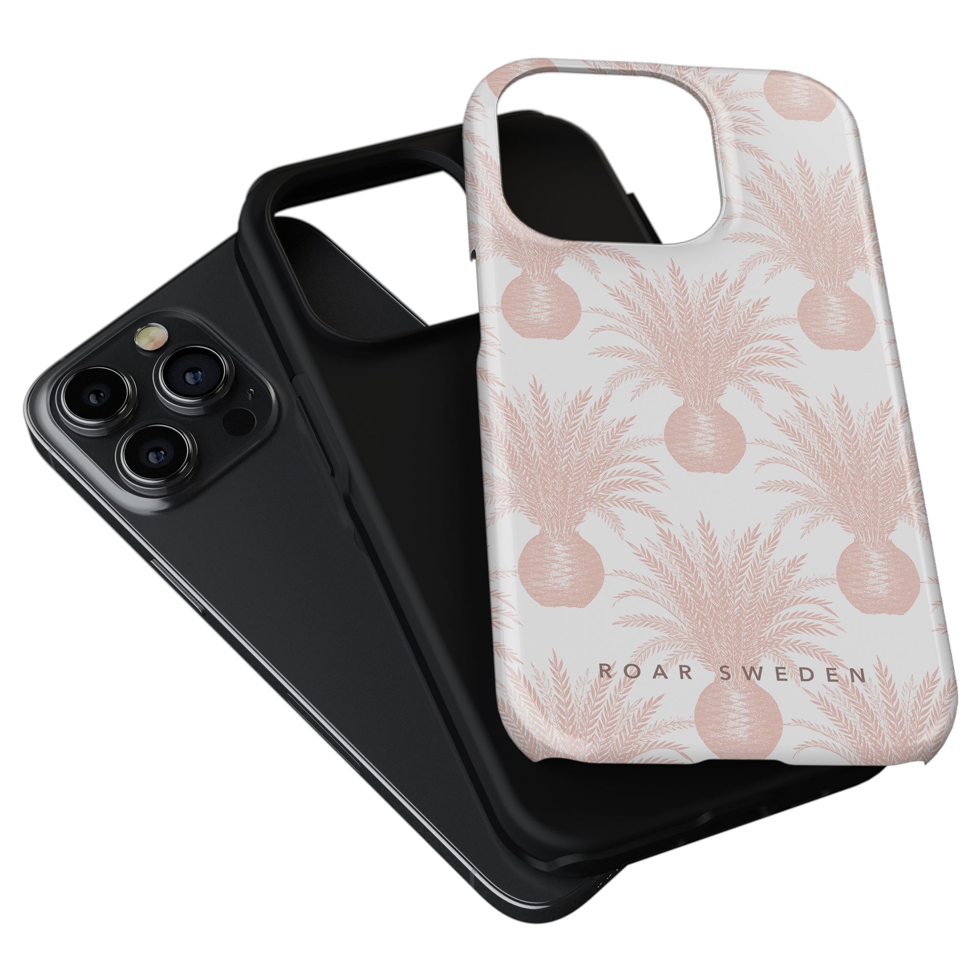 A black smartphone with a triple-camera system alongside a Pink Pineapple - Tough Case.