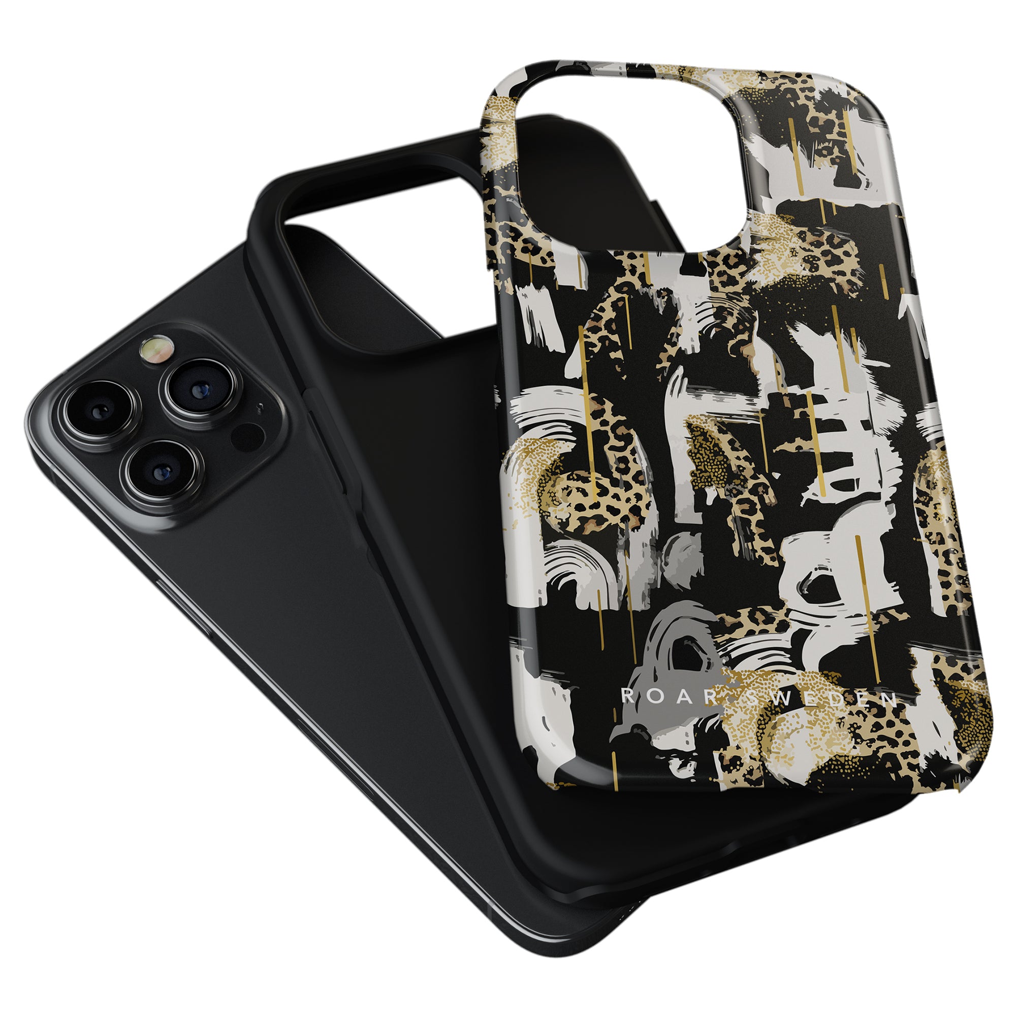 A smartphone with a triple-camera system next to a Skate Leo - Tough Case featuring a black and gold leopardmönstret design with the text "roar now.