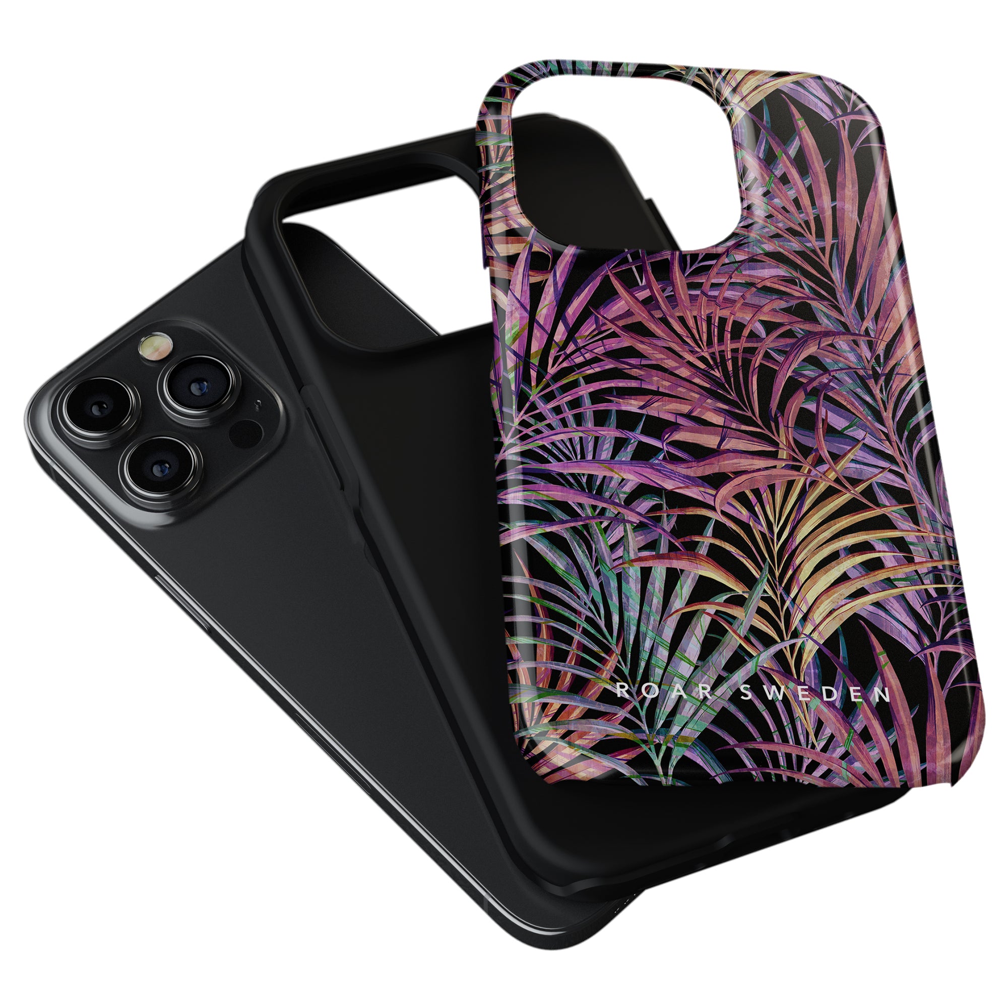 Black smartphone with a triple-camera setup beside a Summer Palms - Tough Case with a colorful tropical leaf pattern.