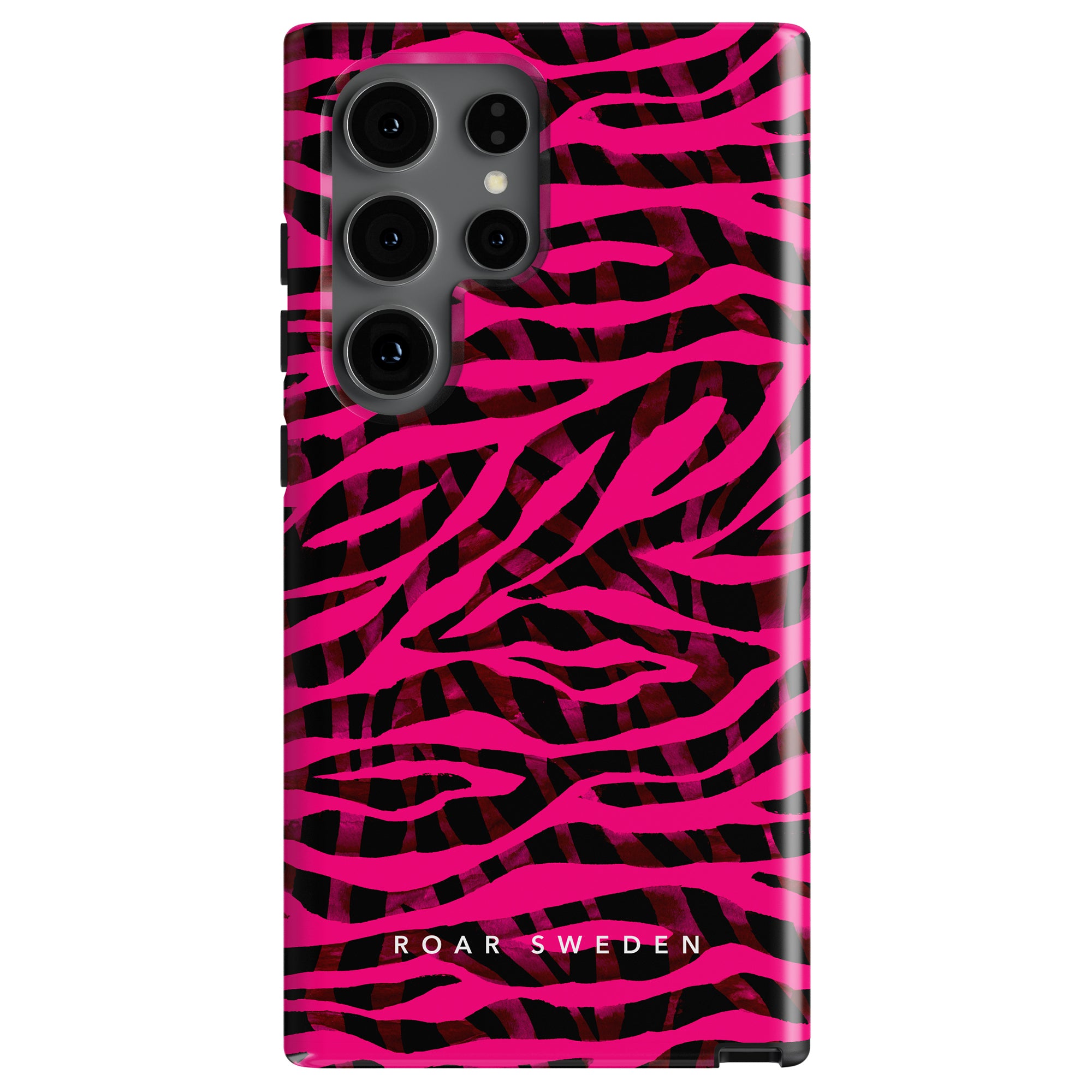 A Pimp Tiger - Tough Case featuring tigerns ikoniska mönster in black and magenta zebra stripes, complete with "ROAR SWEDEN" text at the bottom.