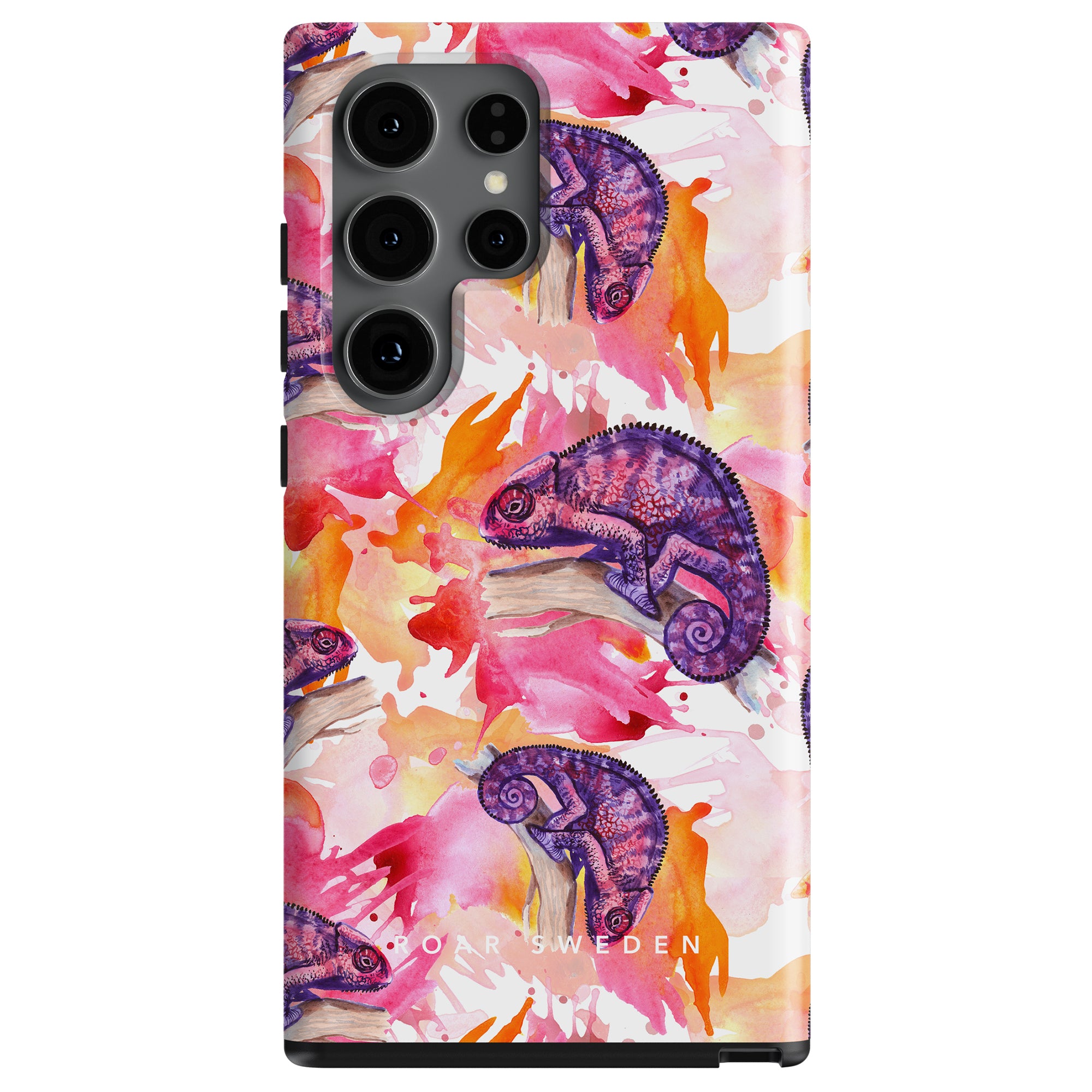 A Chameleon - Tough Case featuring a colorful chameleon pattern against a vibrant, abstract watercolor background from the Exotic Collection.