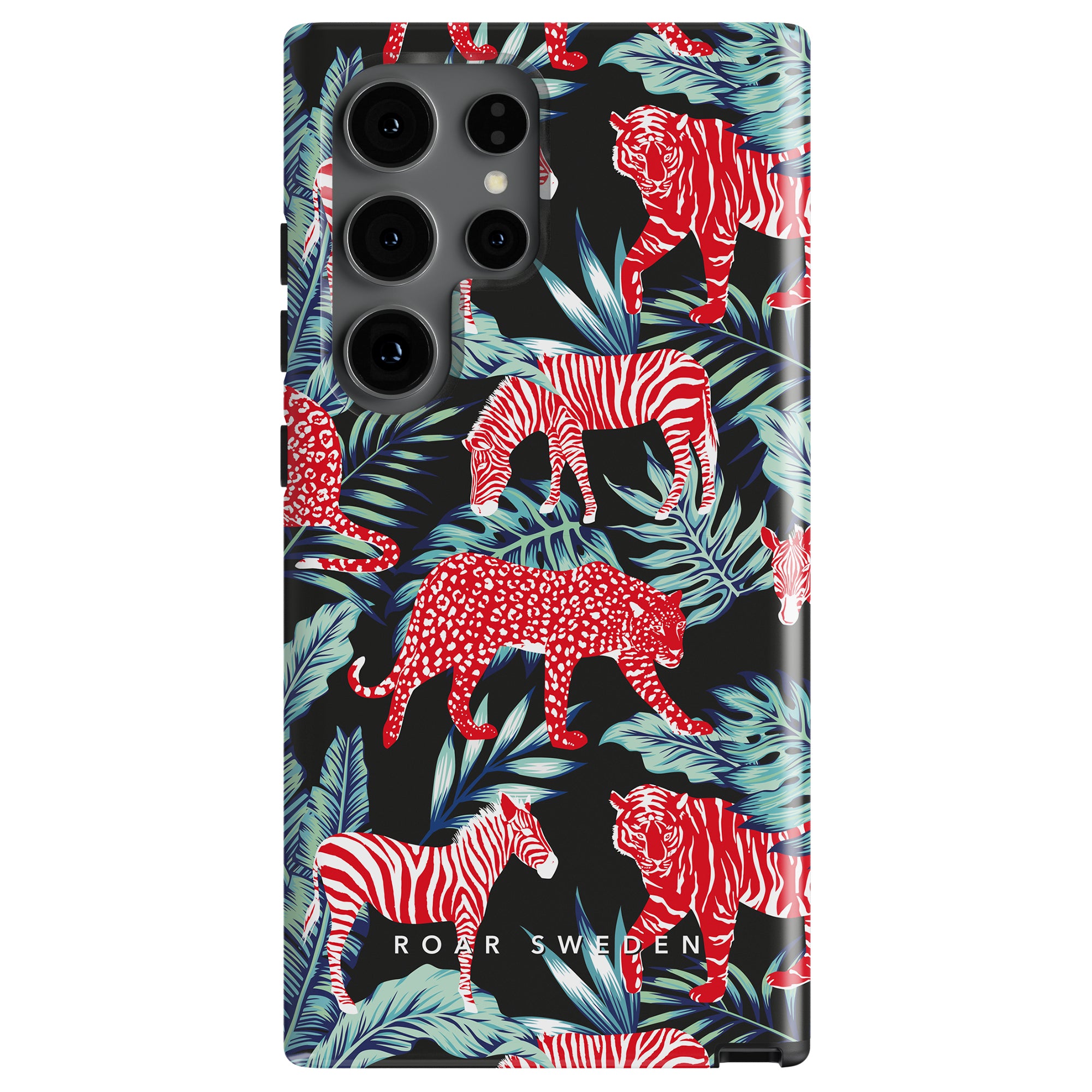 A smartphone with a mobilskal featuring a vibrant design of red zebras, tigers, and leopards among green and blue leaves. The brand "Roar Sweden" is visible at the bottom of the Fauna - Tough Case providing robust skydd.