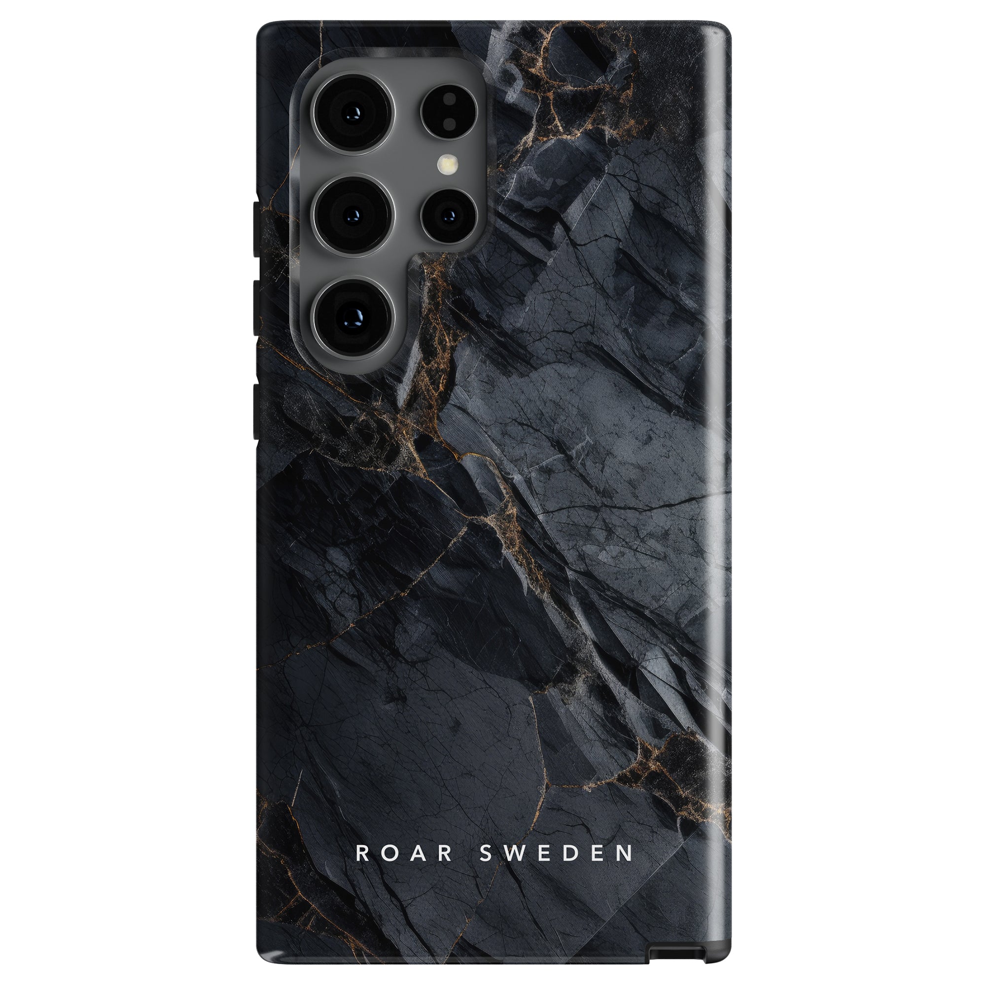 A Granite - Tough Case smartphone with a dark marble-patterned exterior featuring multiple camera lenses. The stötabsorberande skydd case is branded with the text "ROAR SWEDEN" at the bottom, ensuring both style and durability.