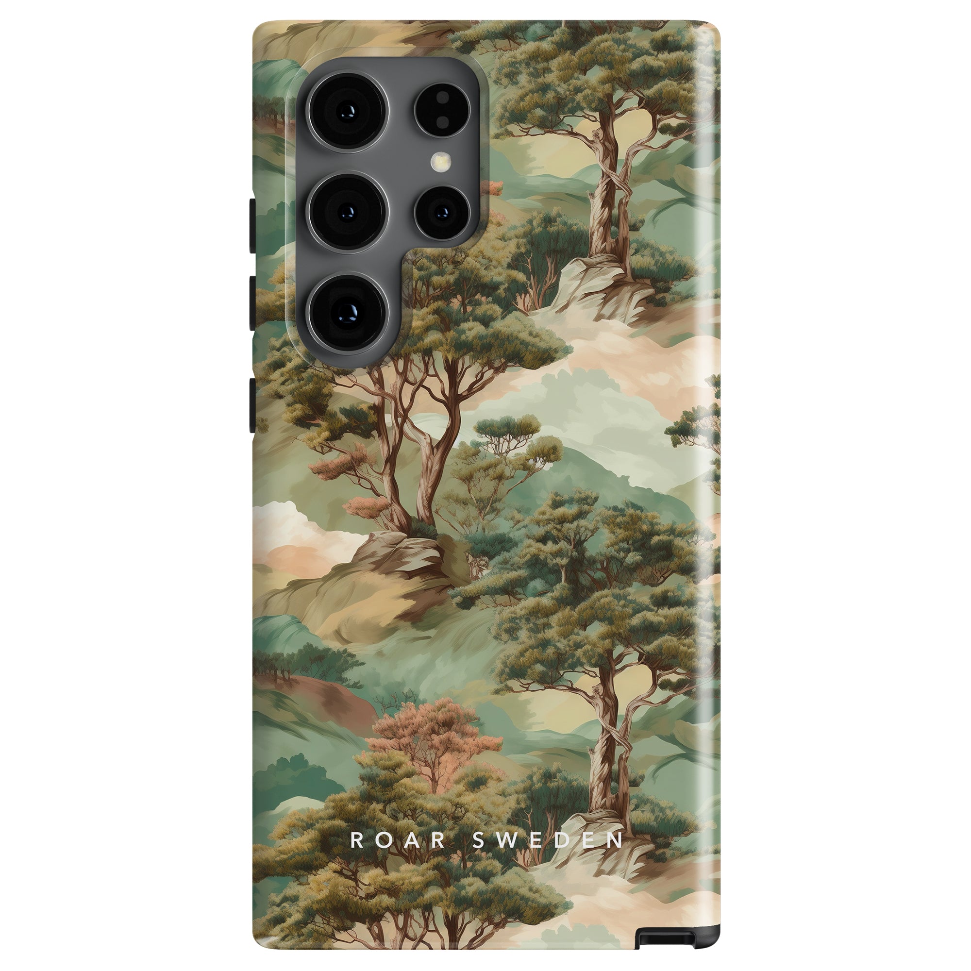 A smartphone with a Land - Tough Case featuring a nature-themed design showing trees and clouds. Text at the bottom reads "ROAR SWEDEN". This exquisite Land - Tough Case brings the beauty of nature to your device, combining style and protection seamlessly.