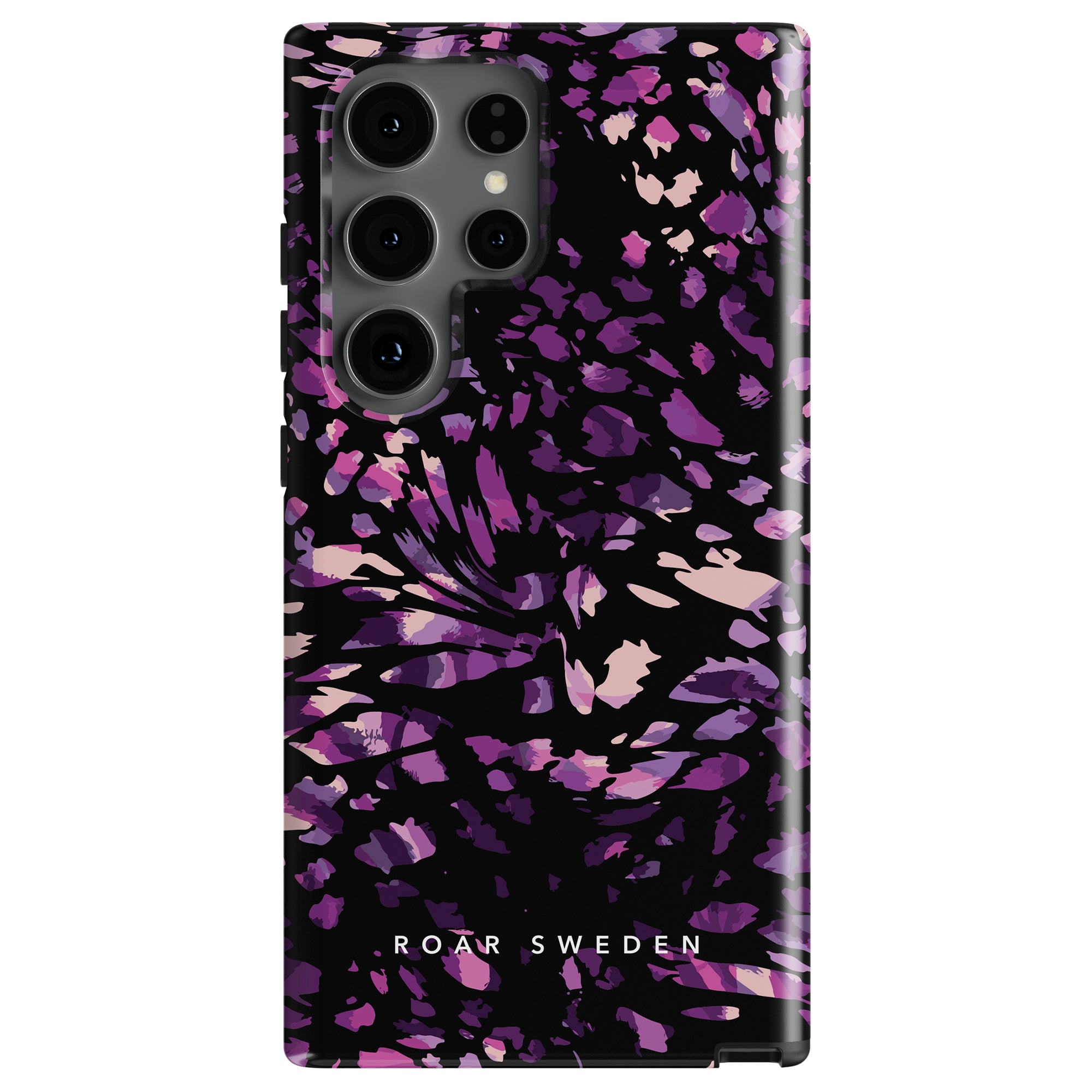 A stilsäker look defines this black phone case featuring purple and pink abstract floral patterns, with "ROAR SWEDEN" elegantly placed at the bottom. This Purple Spots - Tough Case offers not just style but also superior smartphone skydd.