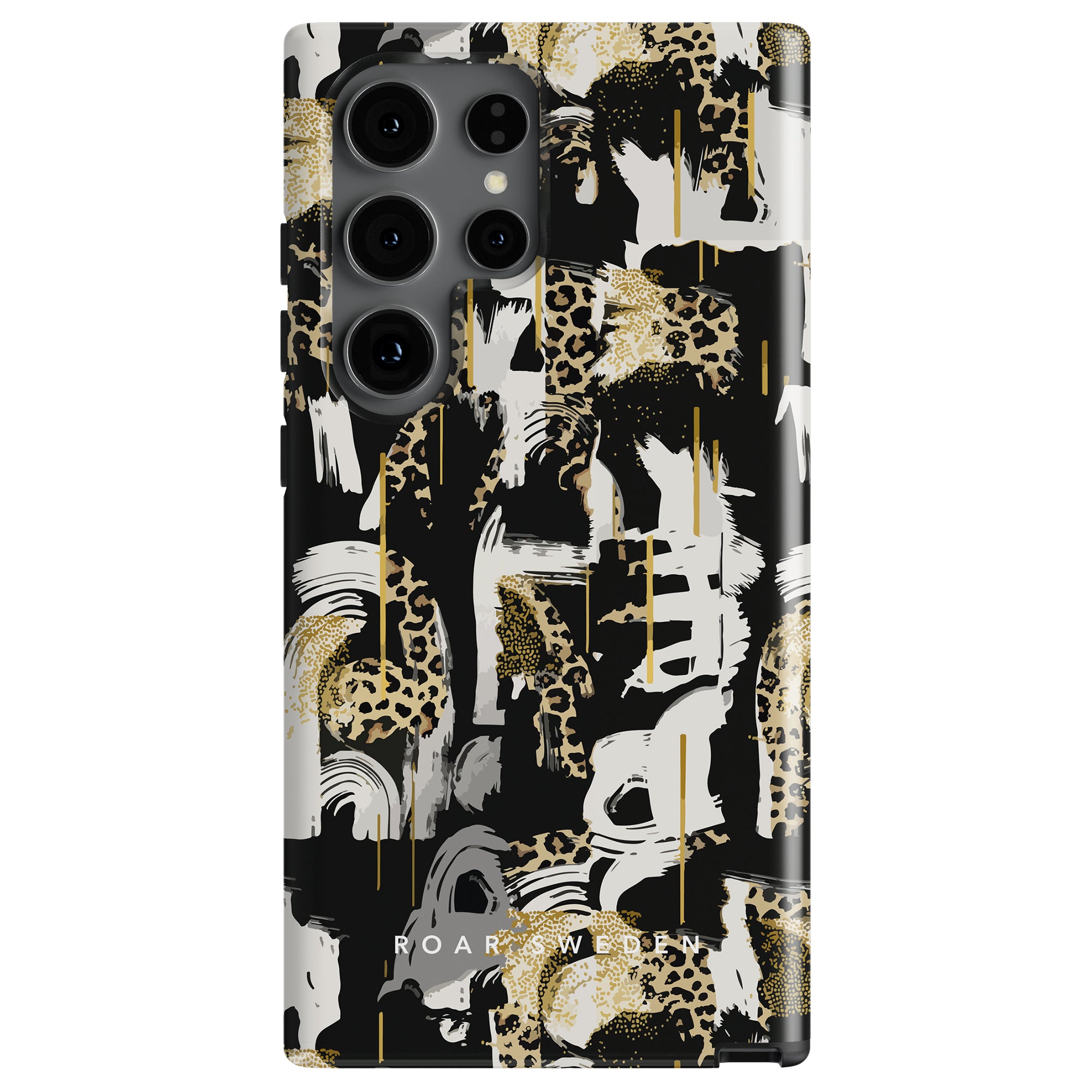 Skate Leo - Tough Case with abstract leopardmönstret design in gold, black, and white, featuring stylized text "roar sweden" near the bottom.