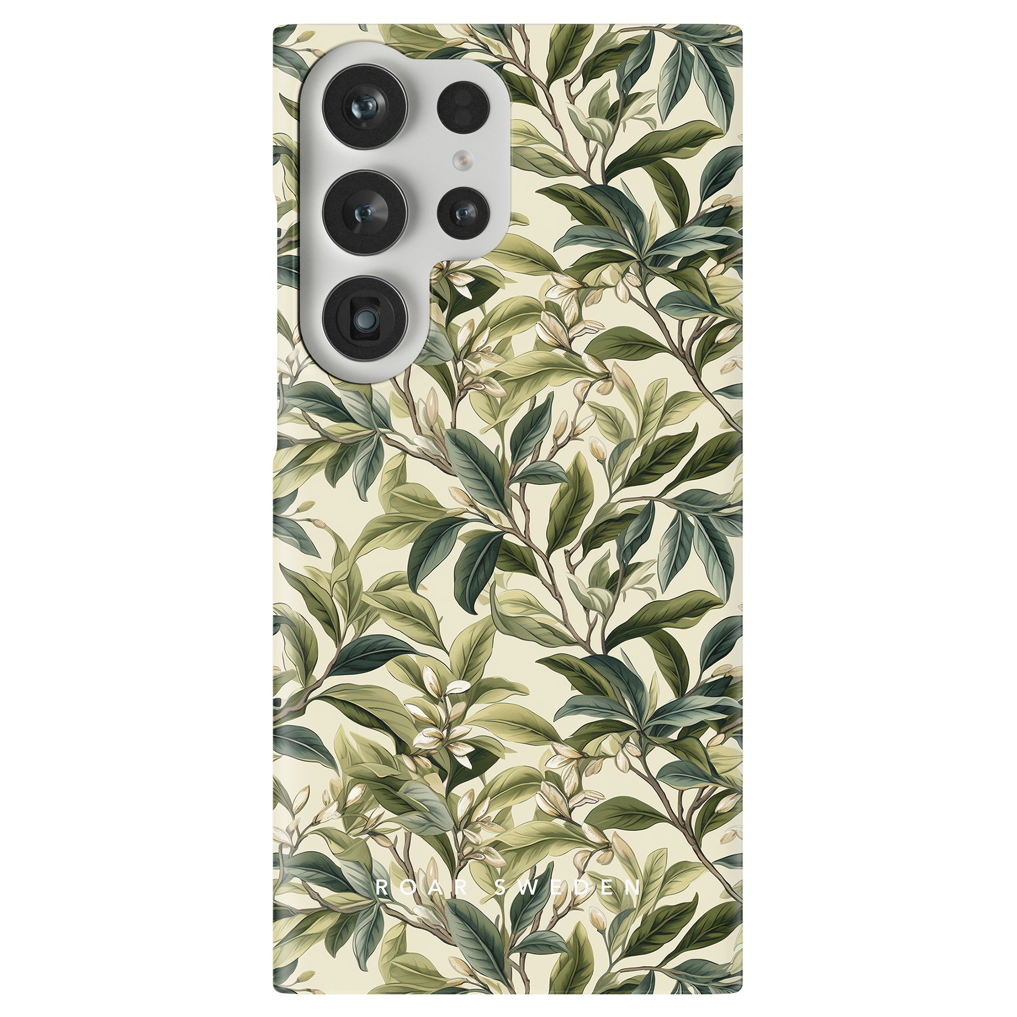 Smartphone with a floral leaf pattern Tea Leaves - Slim case, featuring three rear cameras and one flash. The brand name "ROAM WILD" is visible at the bottom, offering not just practical protection but also an elegant design.