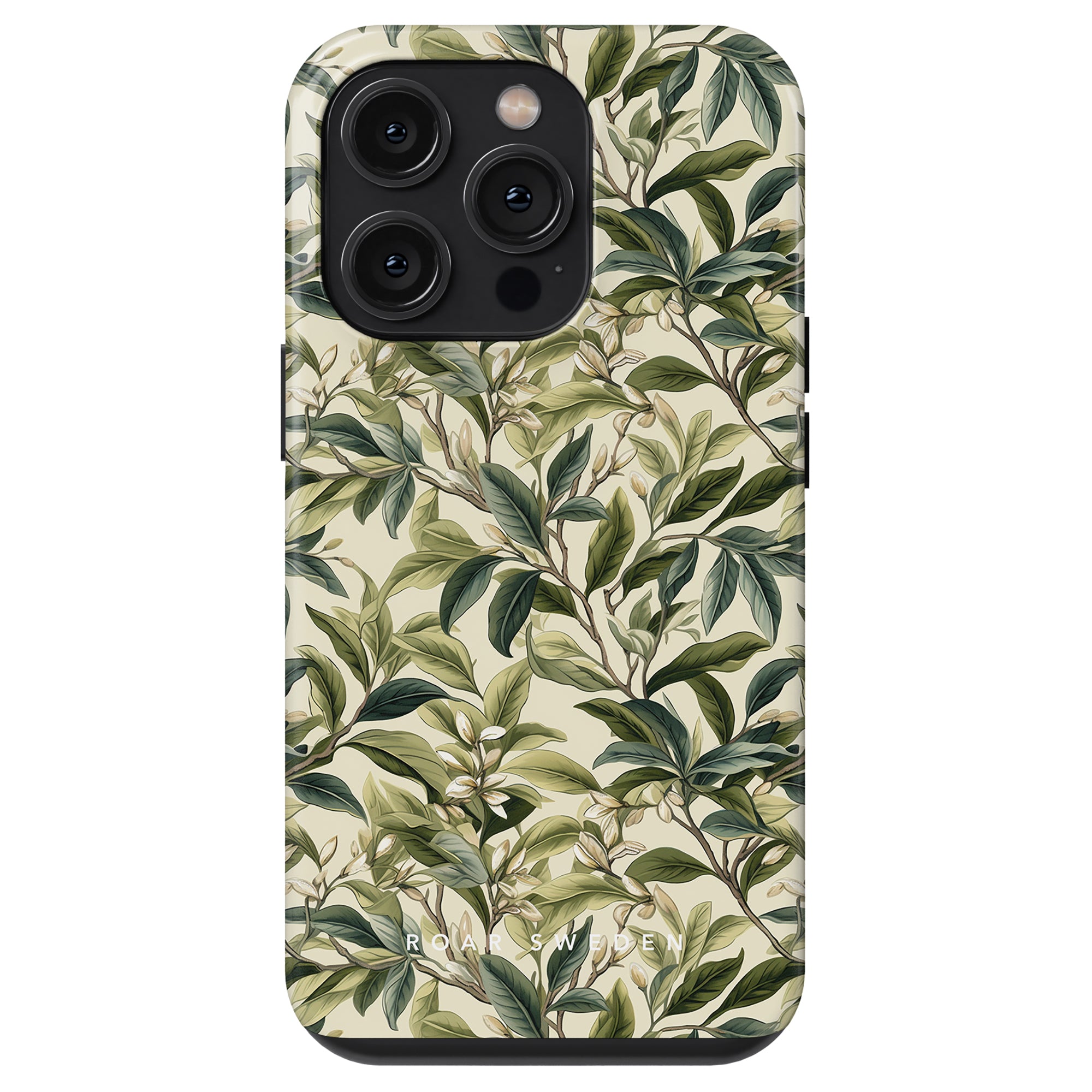 A smartphone in a Tea Leaves - Tough case from the Floral Collection, showcasing its back with three rear camera lenses.