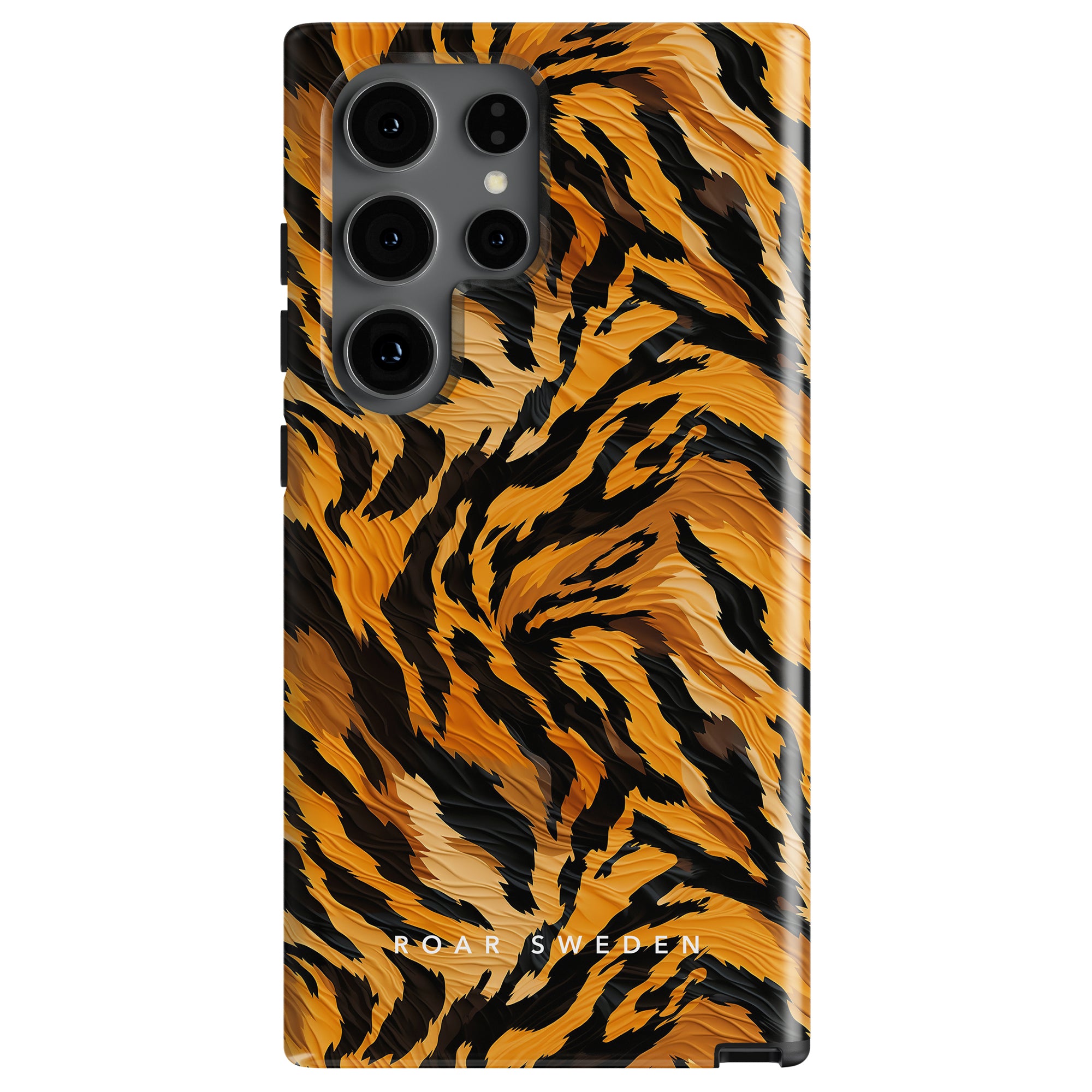 A smartphone encased in the Tiger Fury - Tough case, featuring a tiger stripe pattern and the text "ROAR SWEDEN" at the bottom for optimal protection.