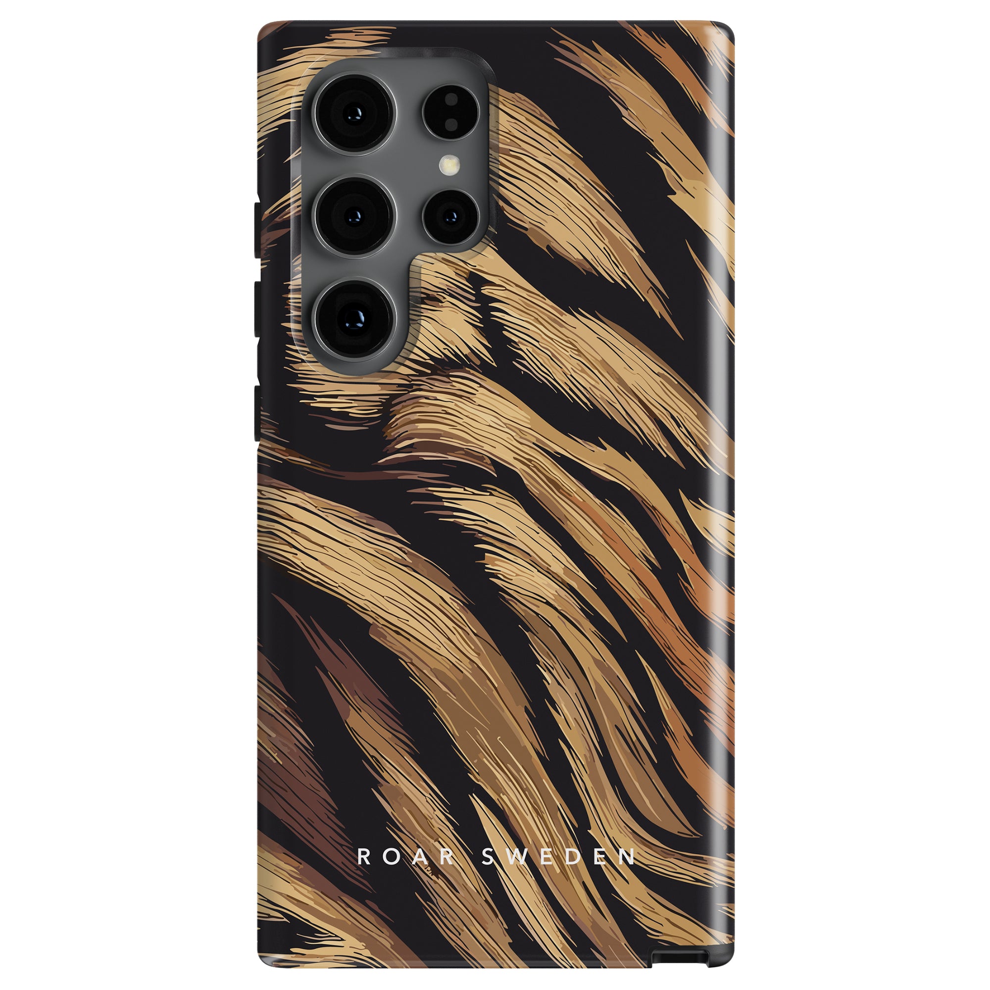 A Tiger Fur - Tough Case with a striking tigermönster in brown and black, branded with "ROAR SWEDEN" at the bottom.