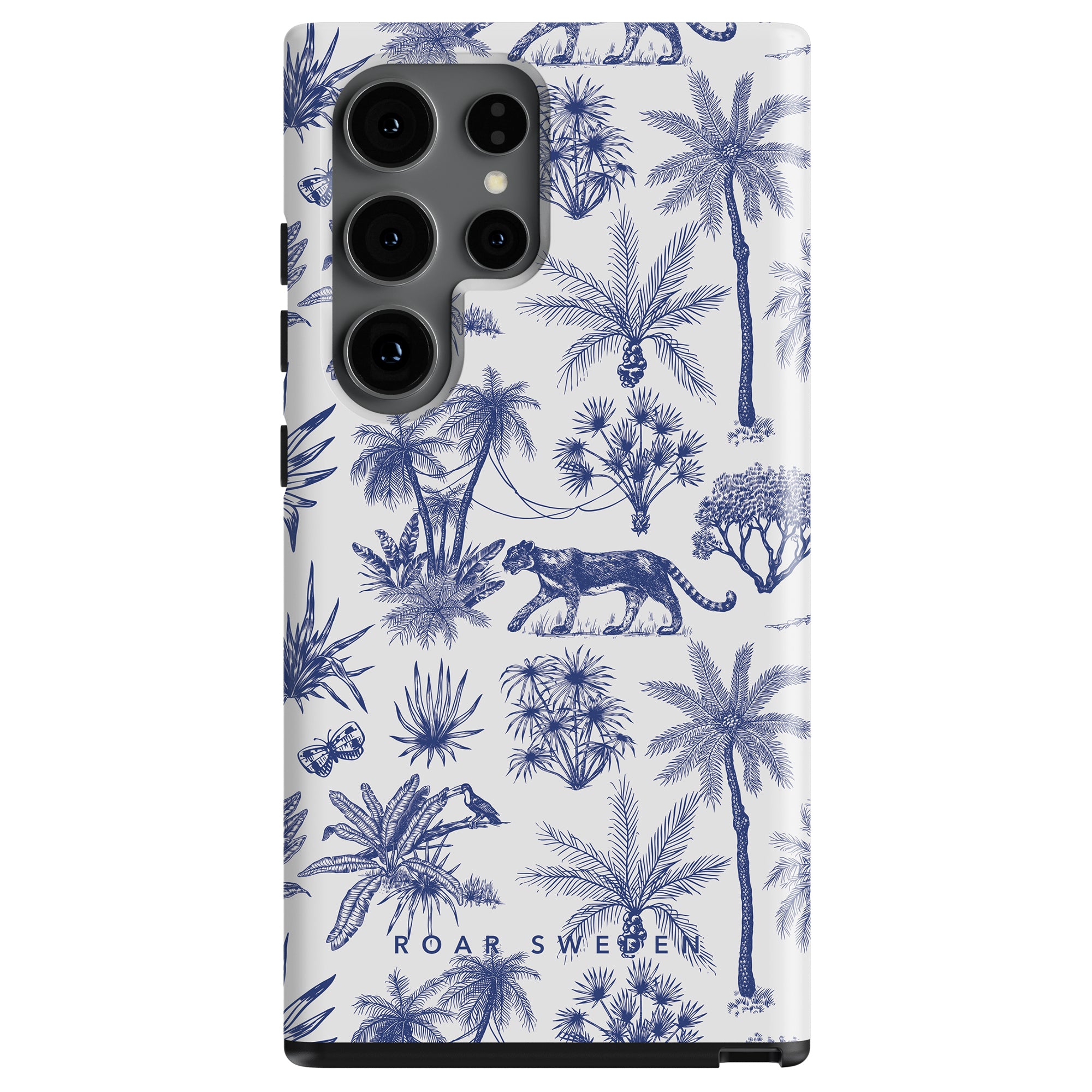 A Toile De Jouy - Tough Case with a blue and white tropical and jungle animal print design from the jungle collection.