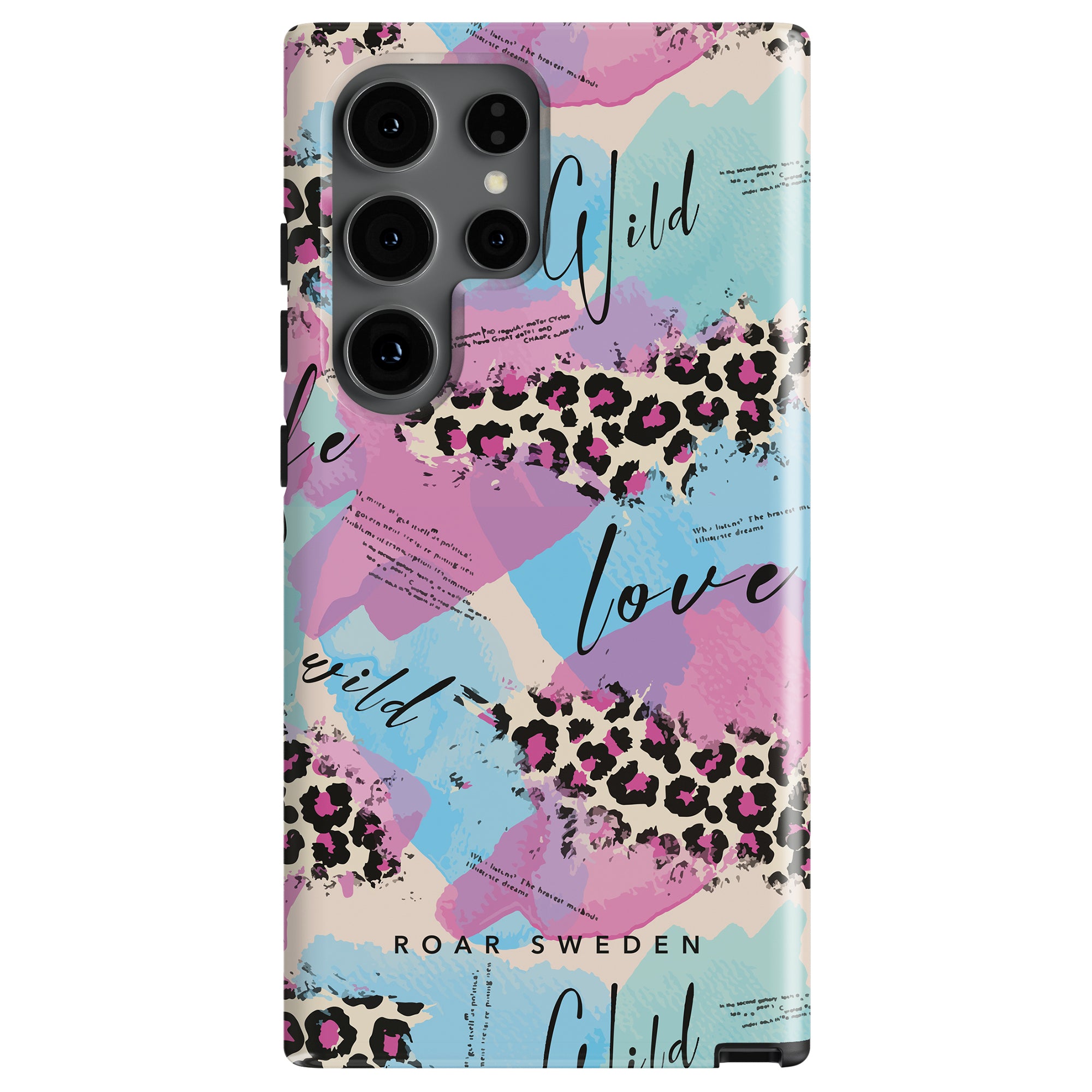 Phone case with an abstract design featuring pastellfärger, leopardmönster patterns, and the words "wild" and "love." The brand "Roar Sweden" is printed at the bottom. This Torn - Tough Case combines style and durability.