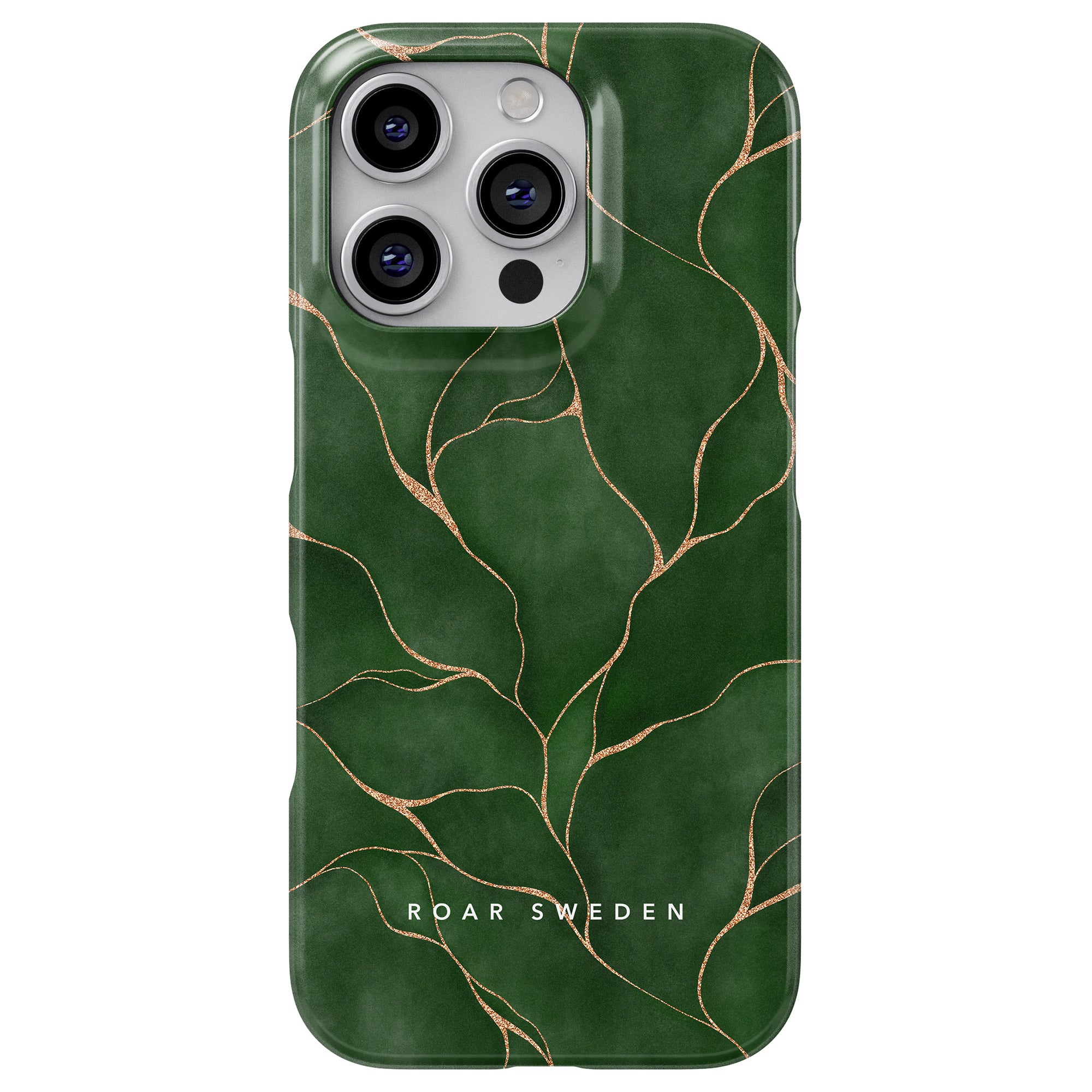 Vi presenterar "Tree of Life - Slim case" av ROAR SWEDEN: ett fantastiskt grönt telefonfodral prydt med lövliknande mönster i skimrande guldlinjer.