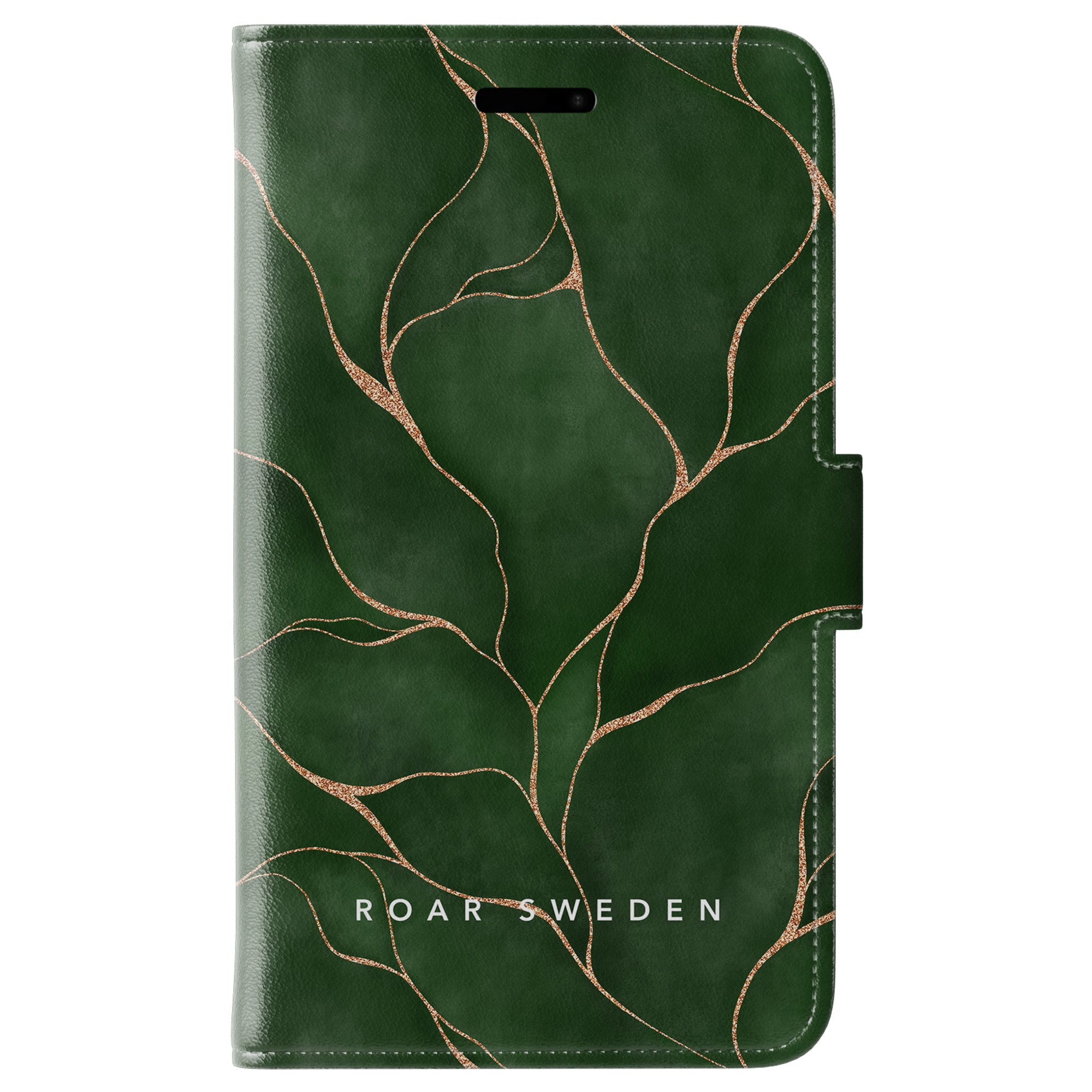 Grönt plånboksfodral med en elegant guldvenliknande design som påminner om estetiken Tree of Life Wallet Case, med texten "ROAR SWEDEN.