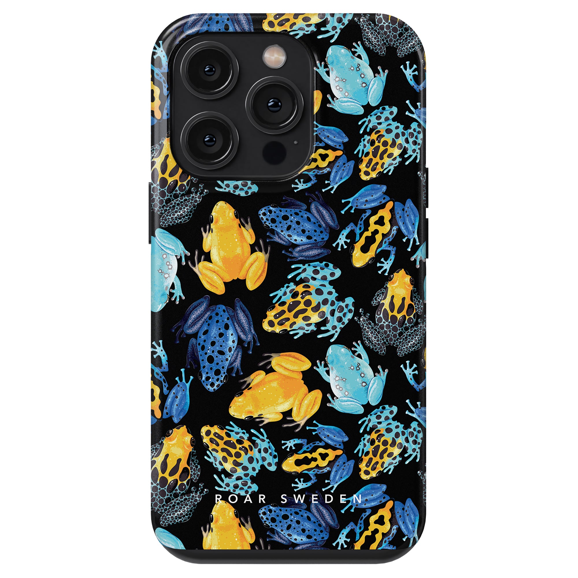 This Tropical Frogs - Tough case is adorned with colorful illustrations of blue, yellow, and turquoise frogs on a black background. The text "Roar Sweden" appears at the bottom.