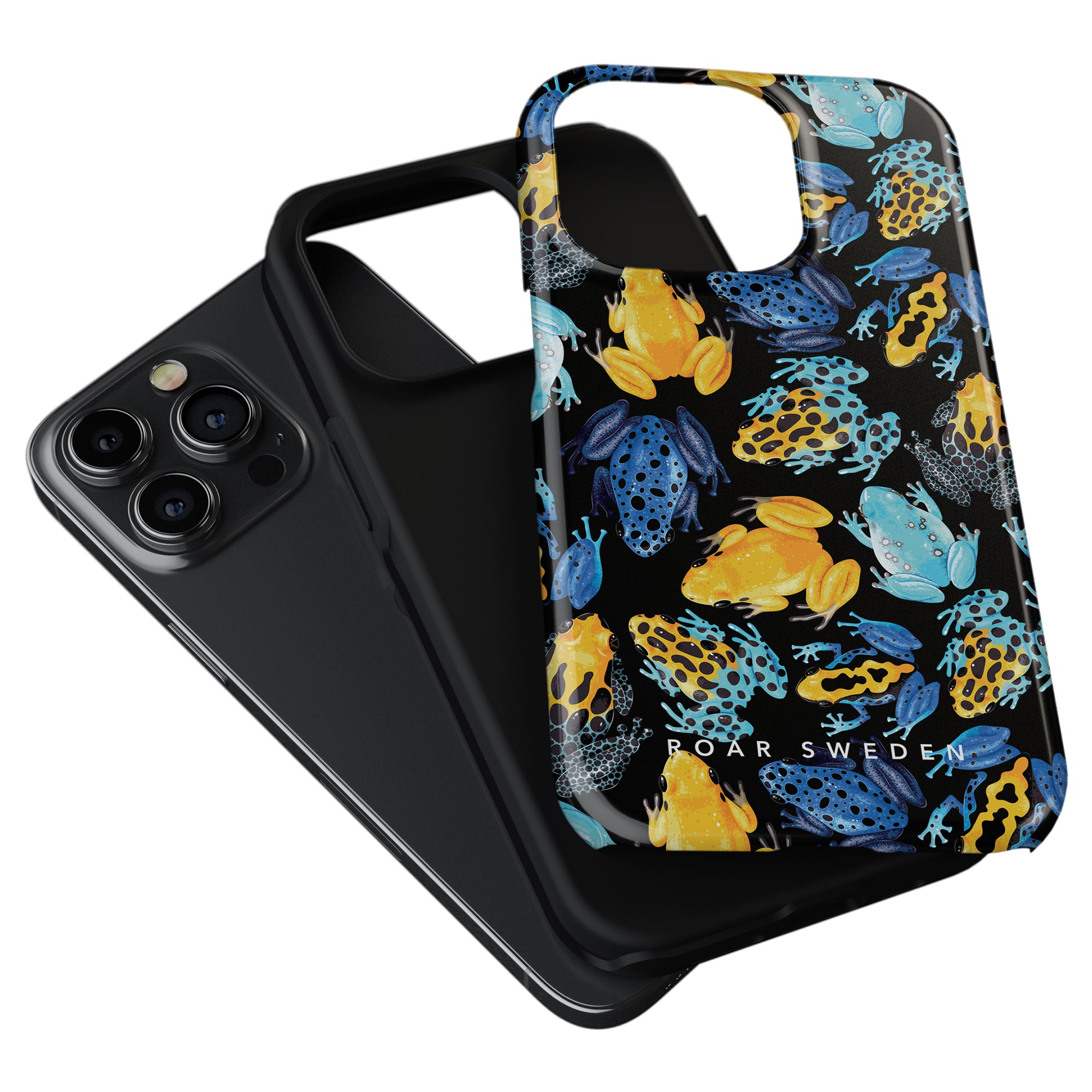 Two smartphones with black cases; one case is a Tropical Frogs - Tough Case featuring a colorful design from Roar Sweden.