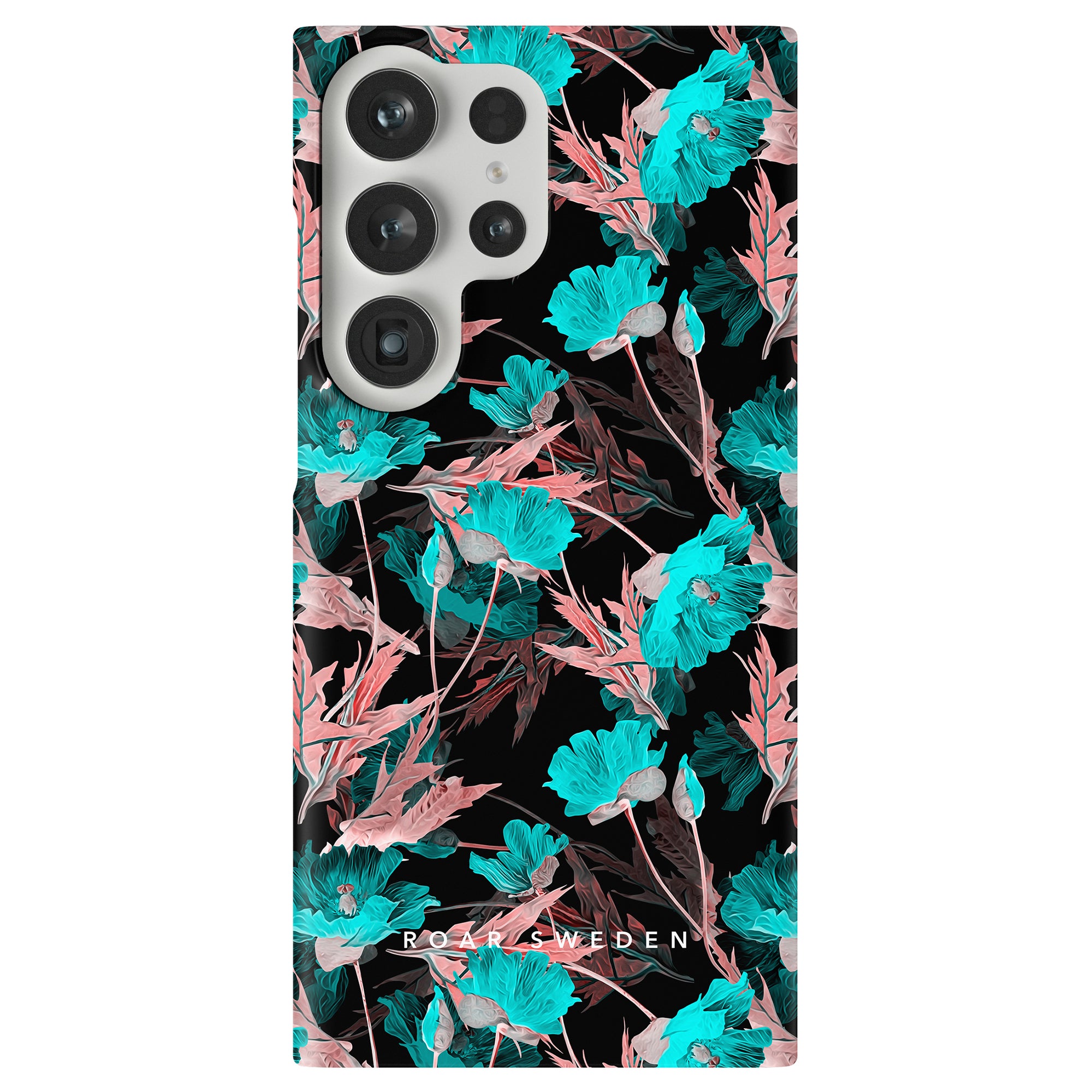 Ett elegant Turquoise Poppy - Slim smartphonefodral prydd med ett blommönster i svart och turkos.