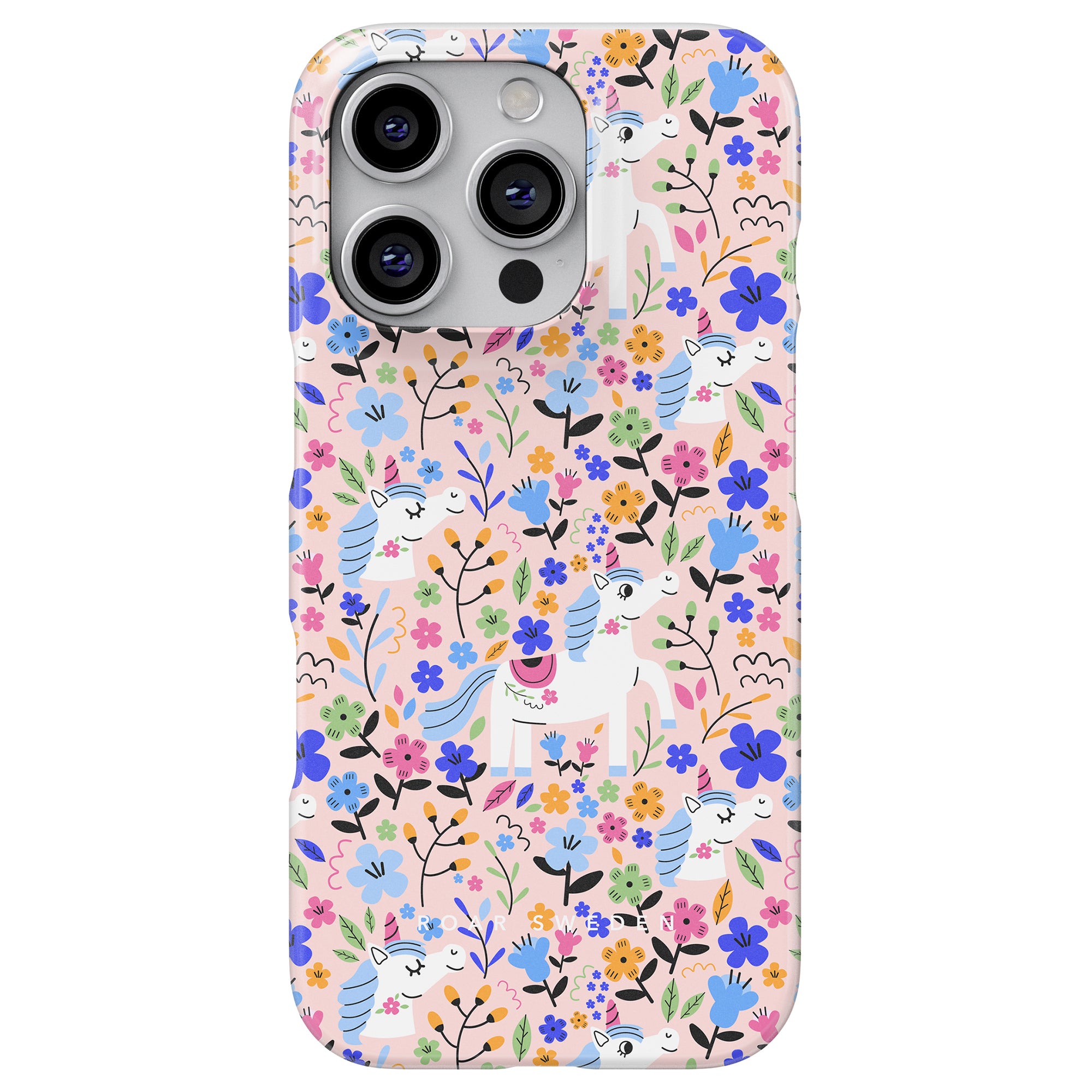 Introducing the Unicorn Garden - Slim case, a smartphone accessory that is part of the Fantasy Collection, showcasing a lively unicorn and flower pattern set against a pink background.