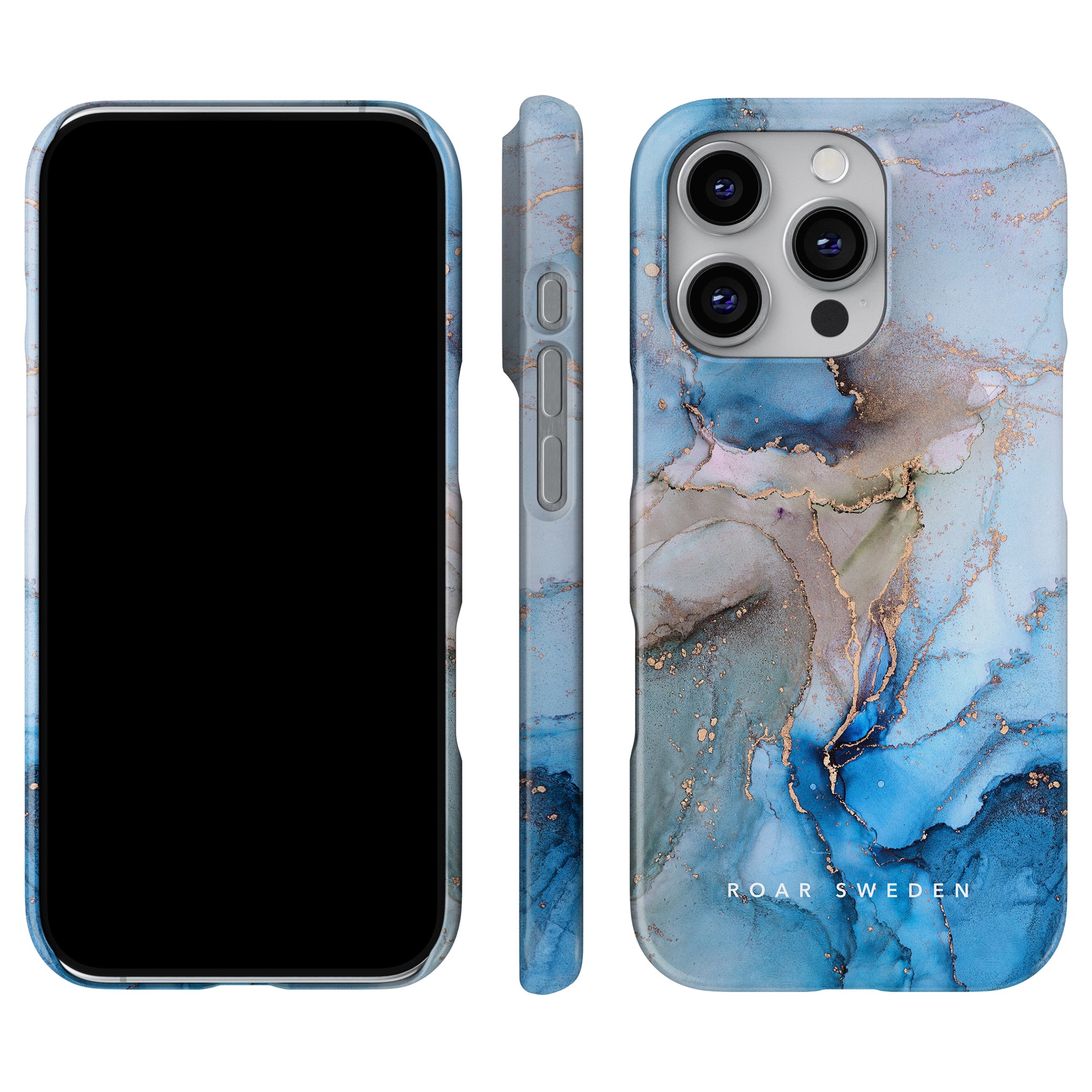 The Waves Slim Case by Roar Sweden features a stunning marbled blue and gold design, visible from both the front and back. This elegant mobilskal proudly displays the "ROAR SWEDEN" branding on the back.