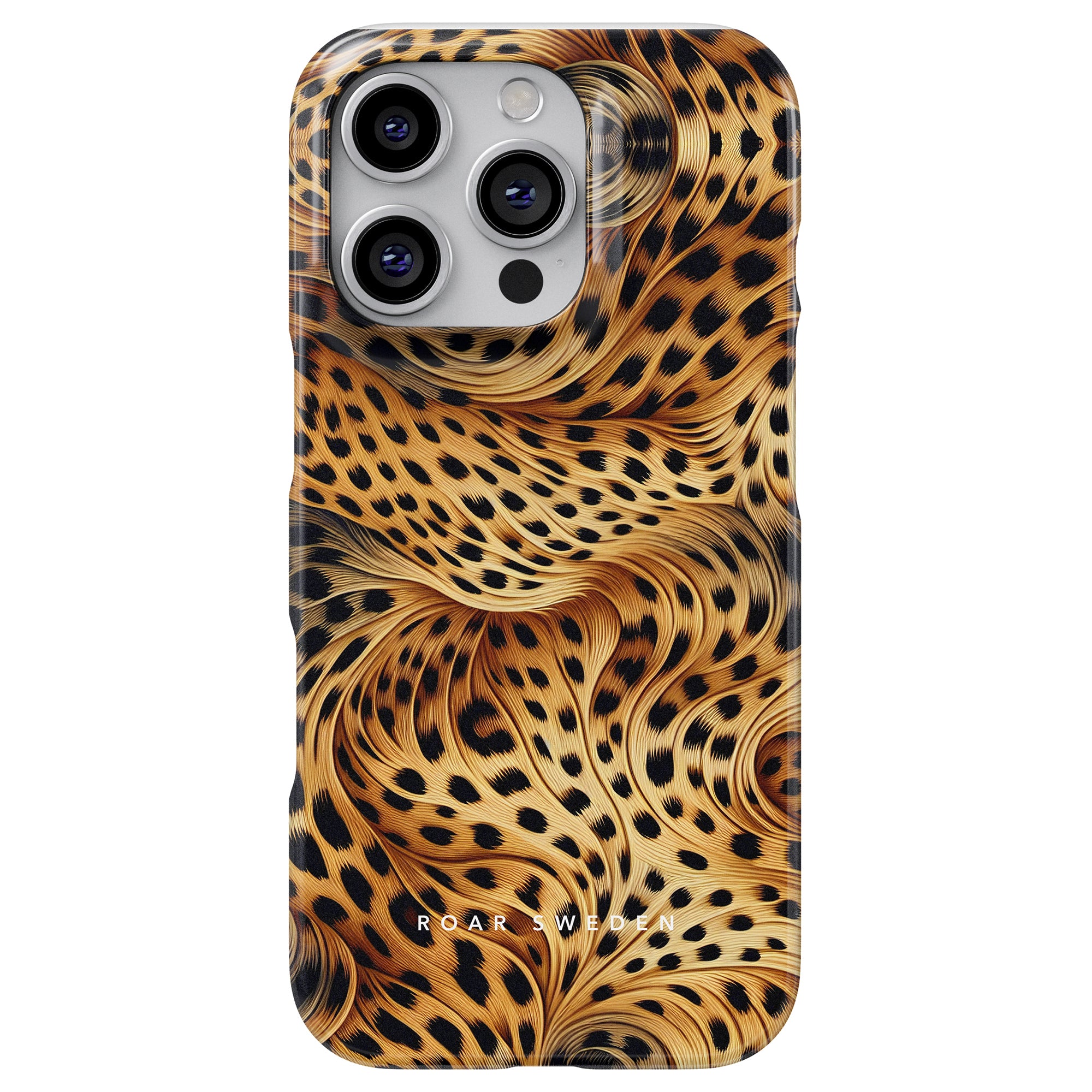 iPhone med Wavy Leopard - Tunt fodral som visar vågiga leopardmönster och flera kameralinser synliga på toppen.