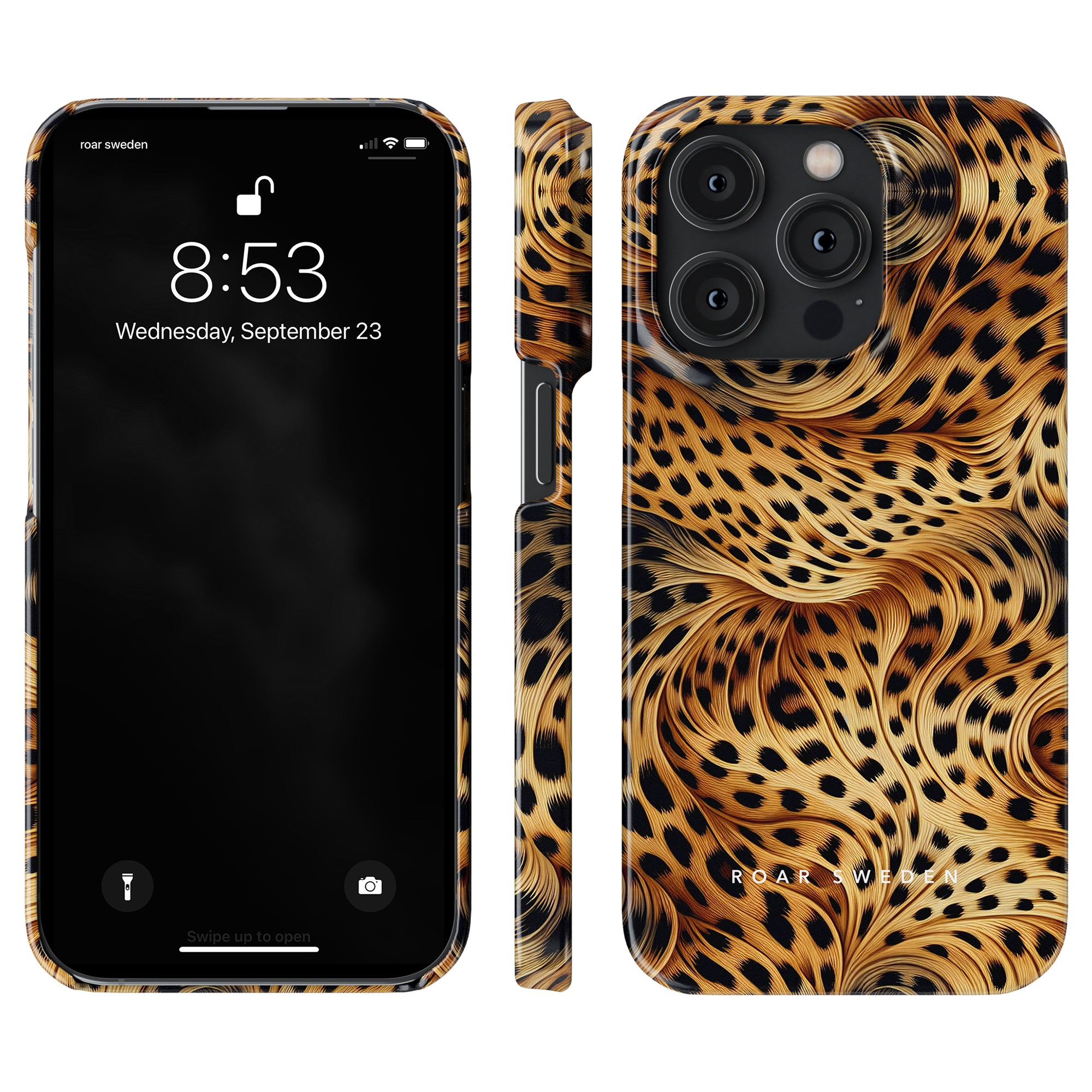 Front and back view of a smartphone with a time displayed as 8:53 and a date of September 23, featuring the Wavy Leopard - Slim case from the Leopard Collection with "ROAR WILD" branding at the bottom.