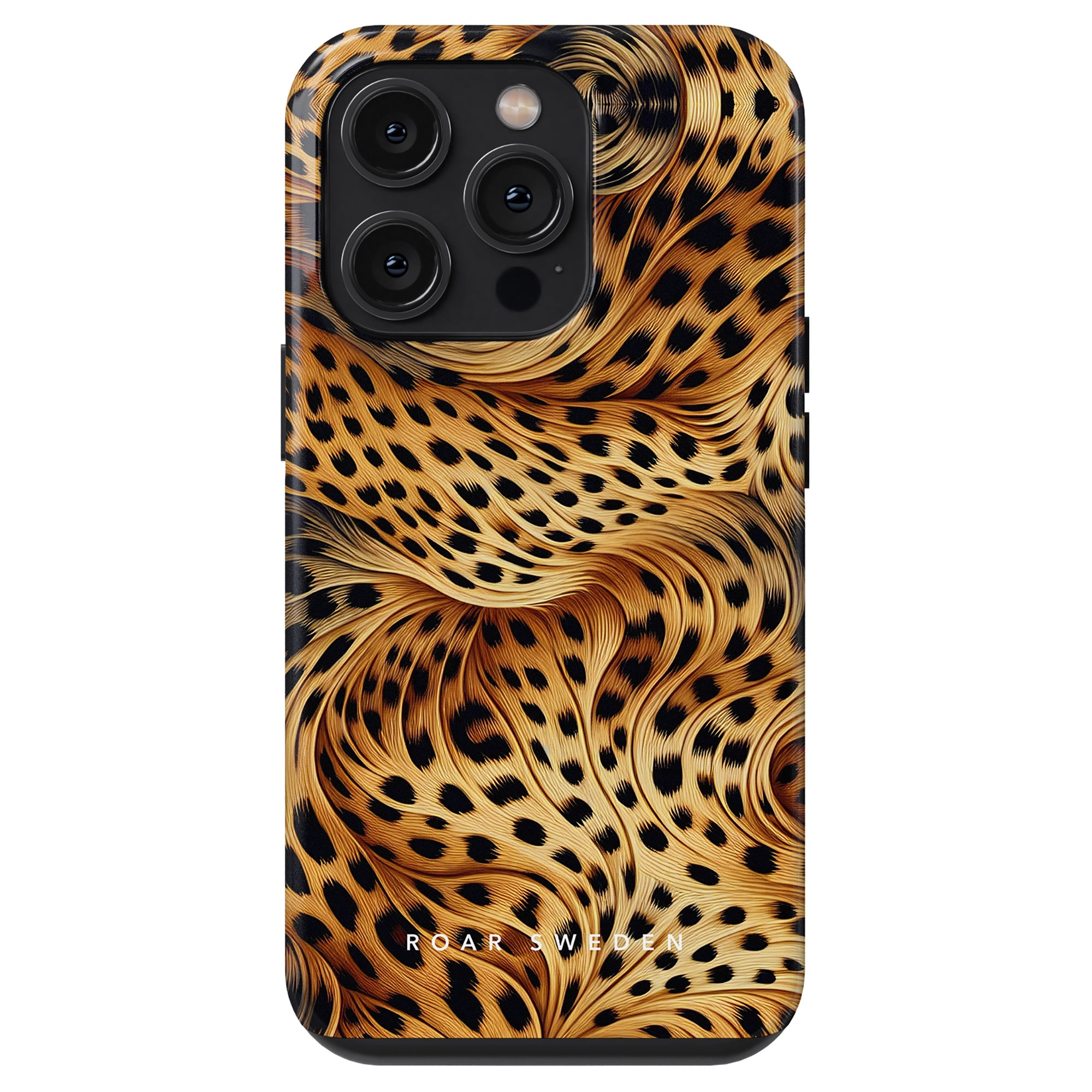 Introducing the Wavy Leopard - Tough Case, a smartphone accessory adorned with a striking swirling, black and golden-brown leopard print pattern. The case, part of the exclusive Wavy Leopard Collection, proudly displays the "ROAR SWEDEN" text at its bottom.