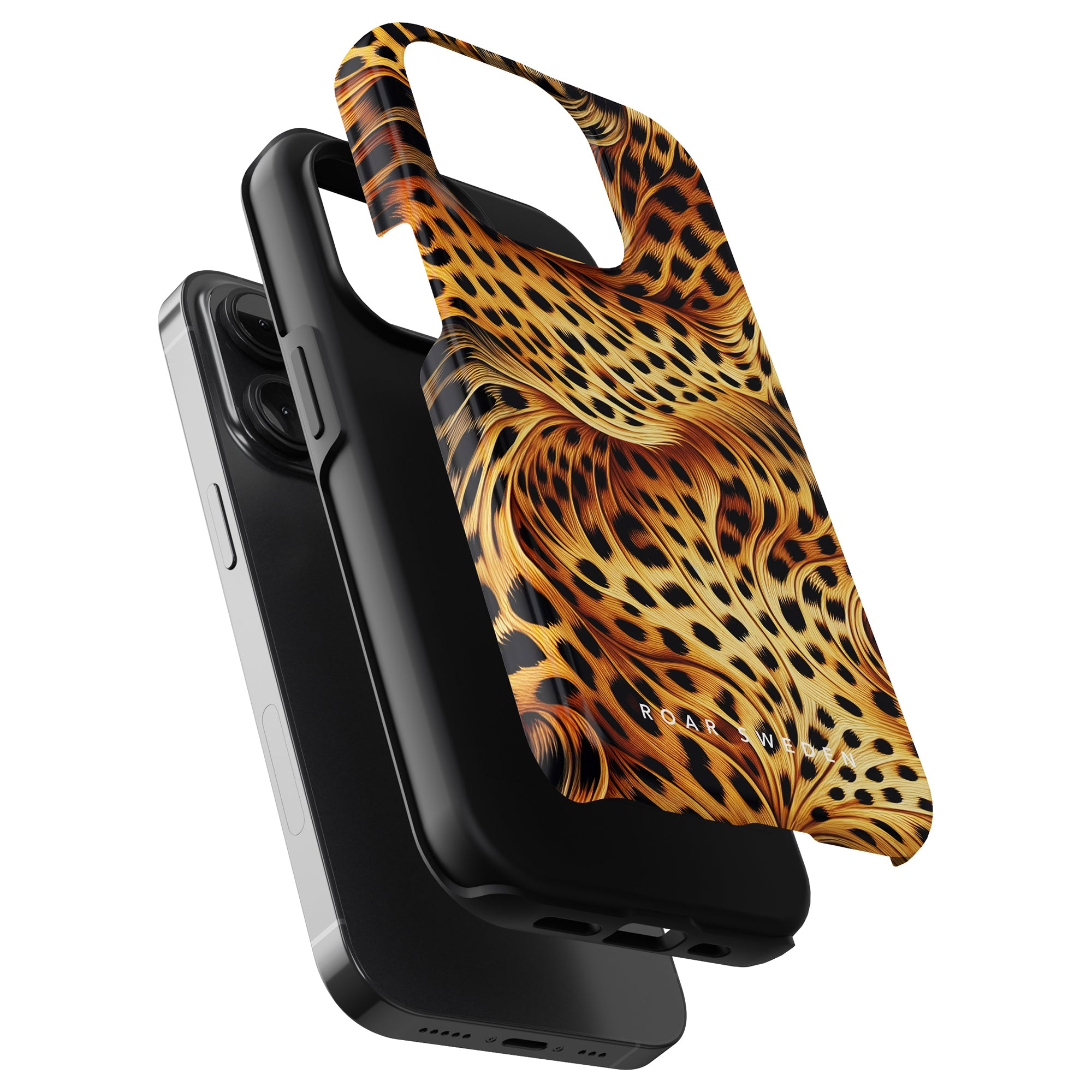 A mobile phone case featuring the Wavy Leopard print design from the exclusive Leopard Collection, presented in two parts: the robust base case and the stylish outer cover.