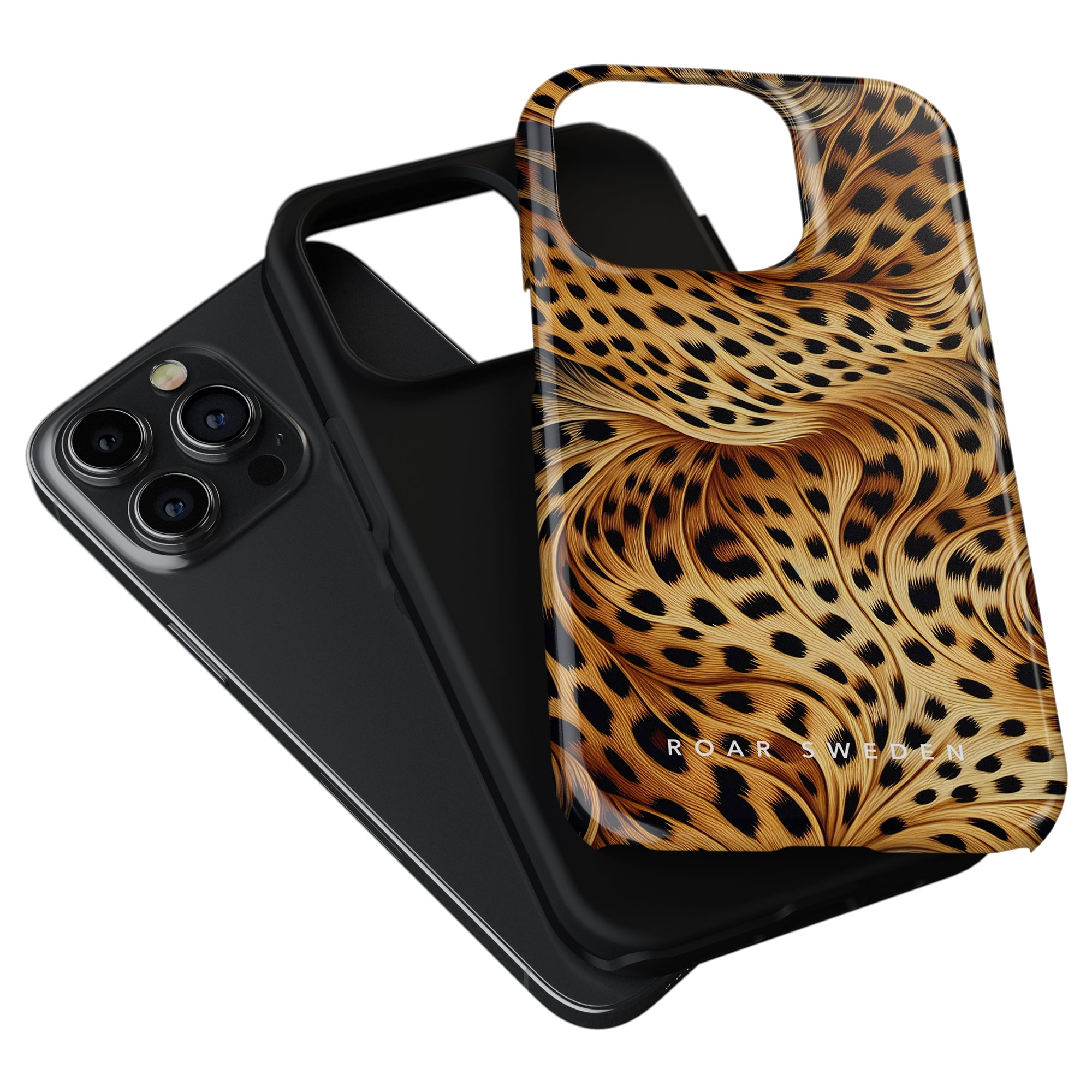 Two phone cases: one plain black and the other from the Leopard Collection with a Wavy Leopard design. The leopard print case, labeled "Wavy Leopard - Tough case", is part of the Roar + Weden series. Both are tough cases designed to fit an iPhone with three camera lenses.