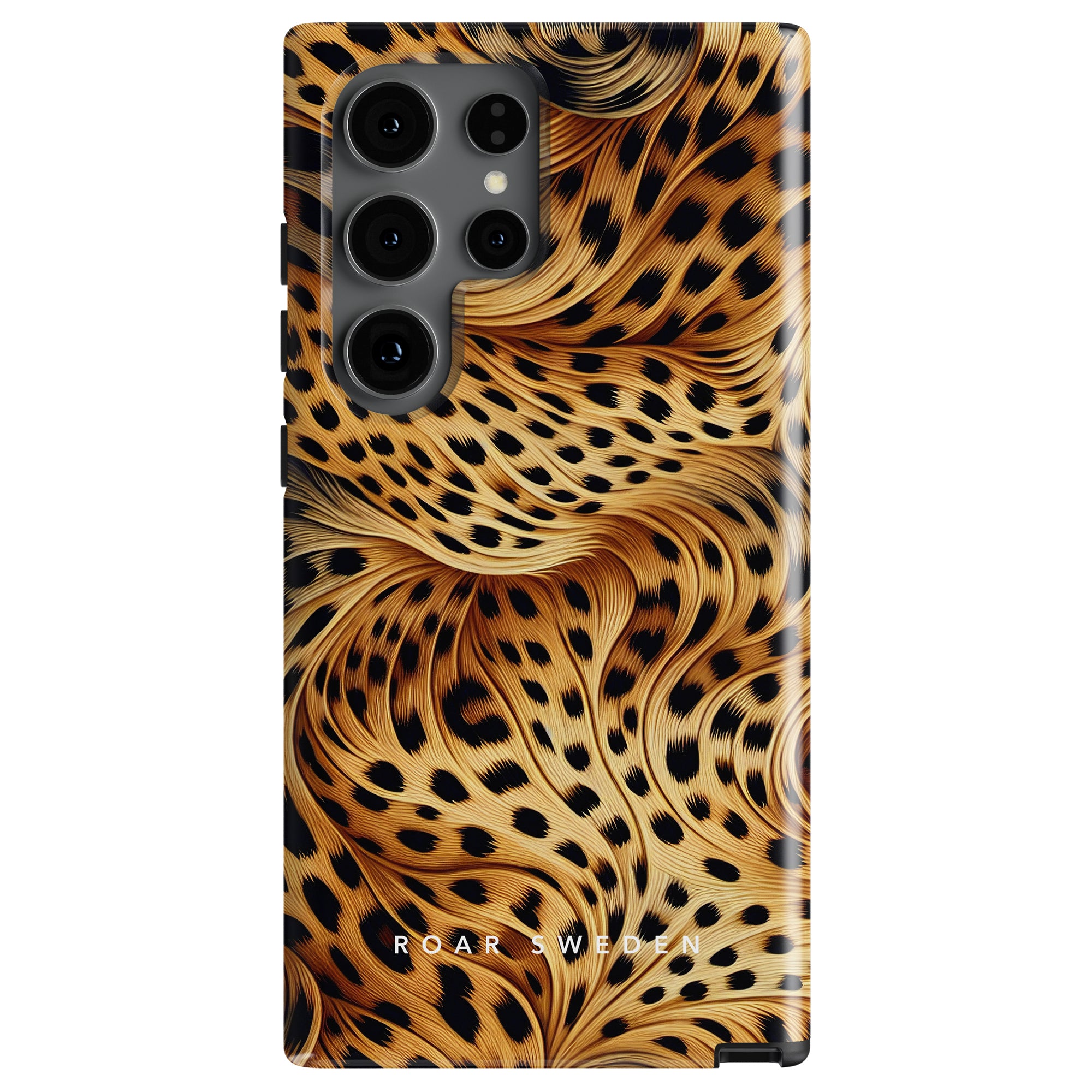 The Wavy Leopard - Tough case is a smartphone cover adorned with intricate, wavy patterns that replicate tiger fur. Part of the Leopard Collection, it features the text "ROAR SWEDEN" near the bottom.