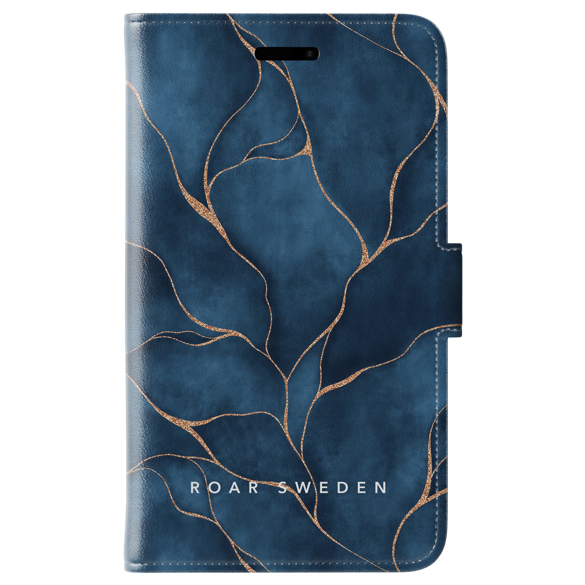 Blått telefonfodral med en sofistikerad design som visar ett guldåderliknande mönster och texten "ROAR SWEDEN" längst ner, liknande Yggdrasil Wallet Case.