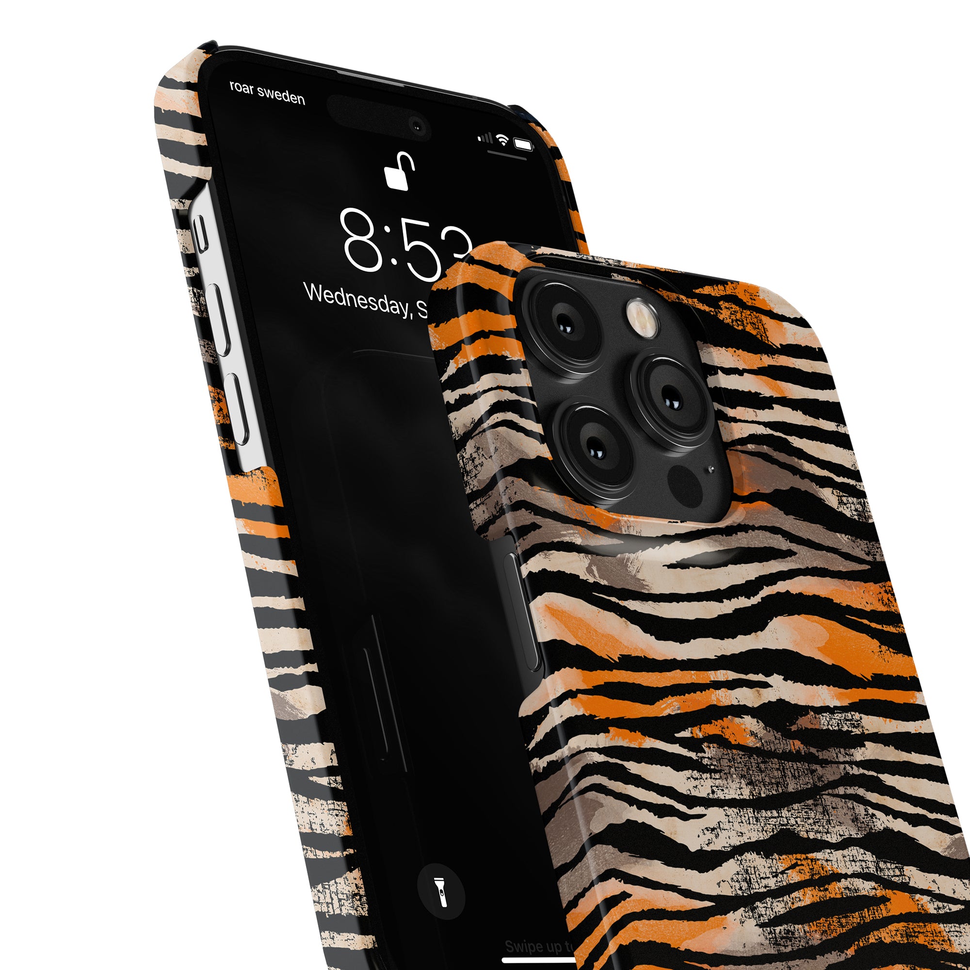 Beskrivning: Ett orange och svart Sun Tiger - Slim case för iPhone 11.